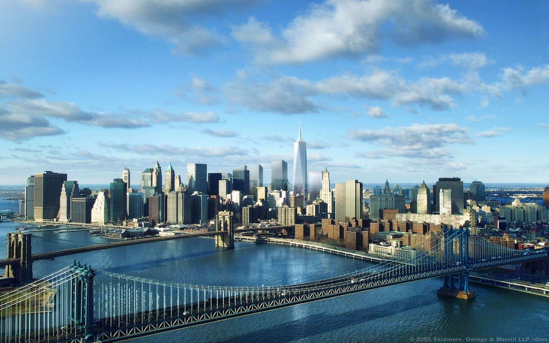 Manhattan, New York, Manhattan Bridge, Skyline, Cielo azzurro, 1920x1200, sfondo per PC