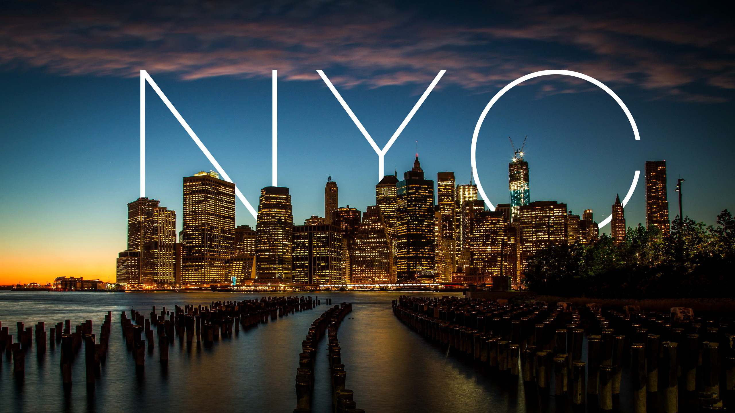 NYC, Lower Manhattan, Brooklyn Bridge Park, Tramonto, 2K 1440p, sfondo desktop