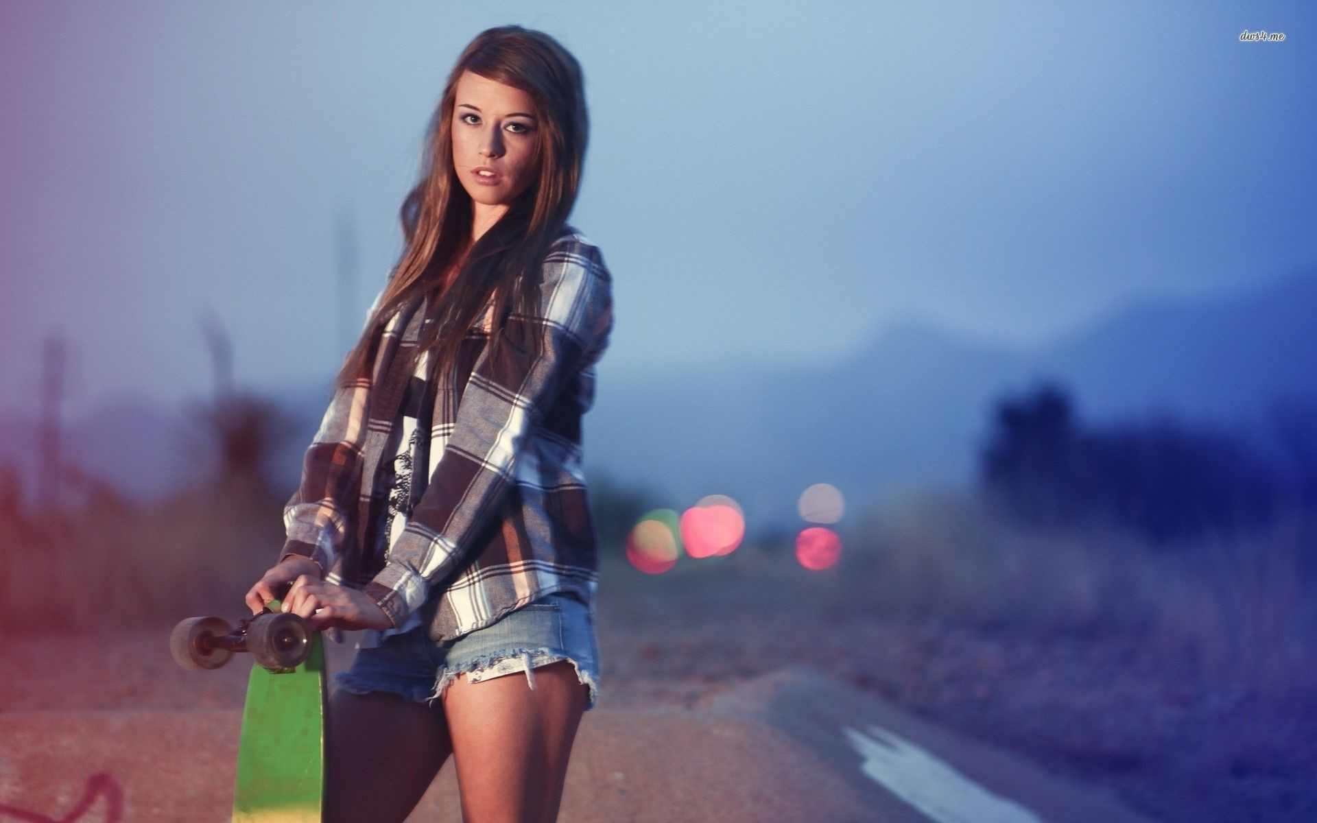 Longboard, Ragazza, Camicia a quadri, Crepuscolo, 16:10 Full HD, sfondo widescreen
