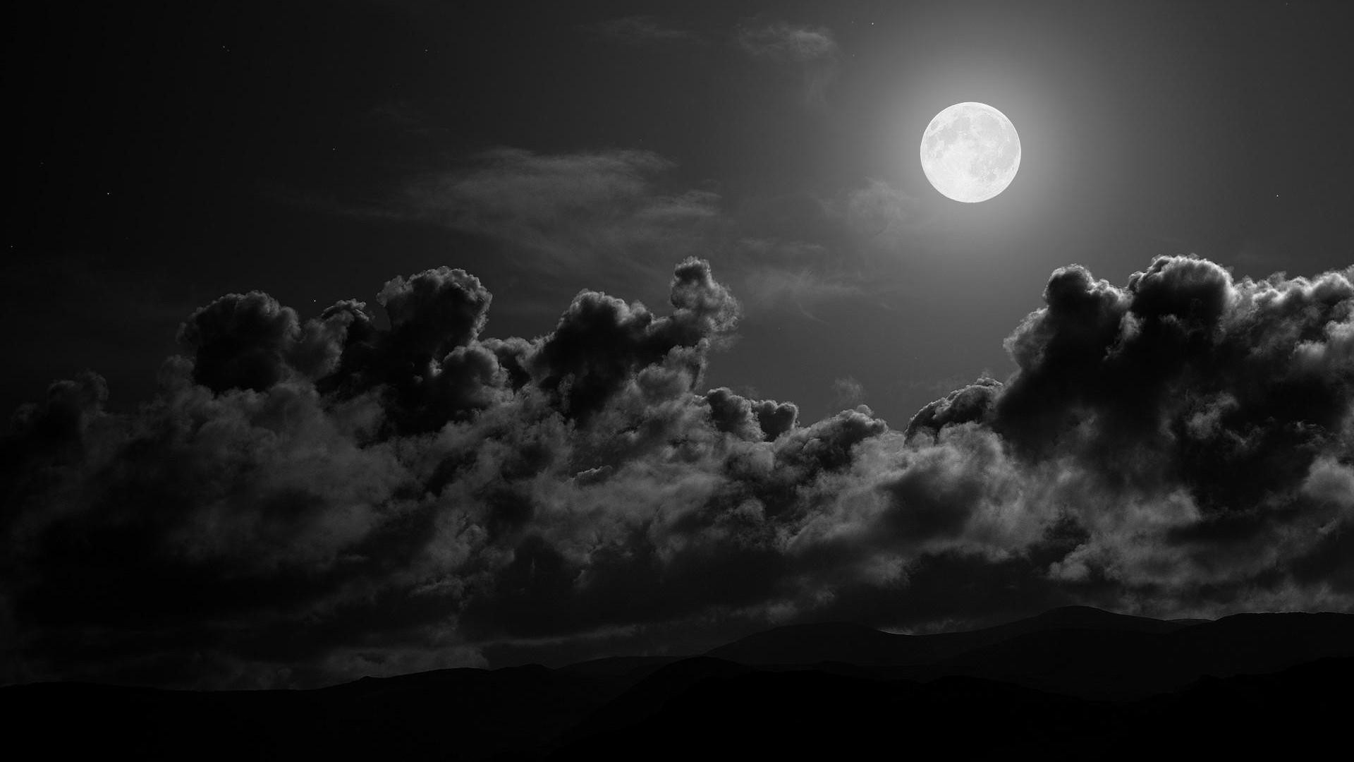 Luna piena, Nuvole, Notte, Monocromatico, 1920x1080, sfondo per PC
