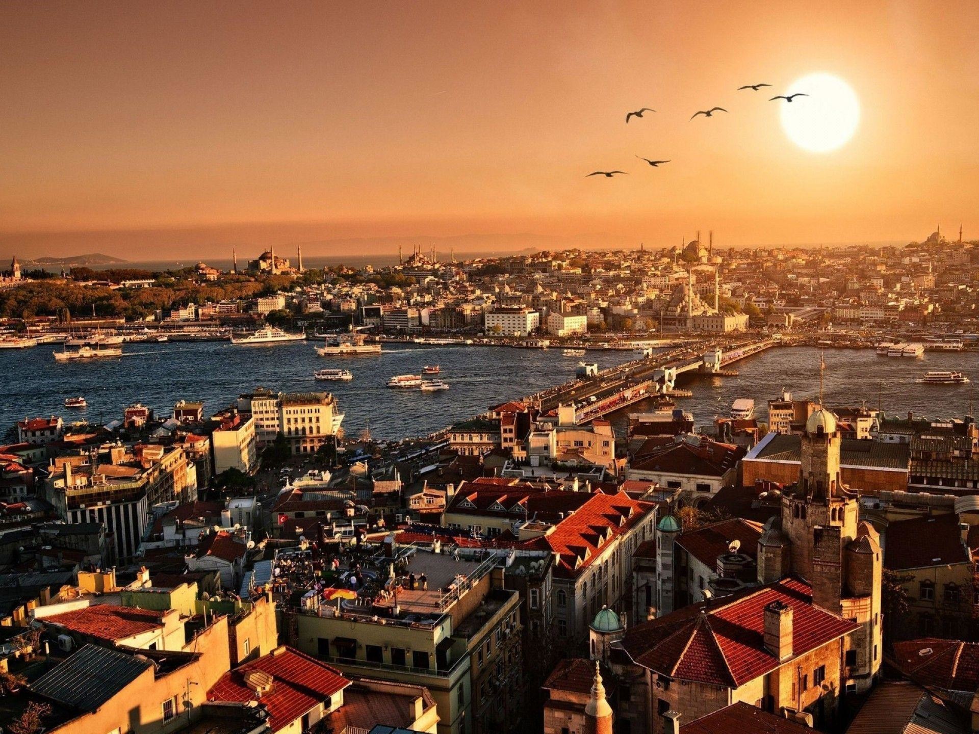Istanbul, Corno d'Oro, Tramonto, Tetti, Gabbiani, Full HD, schermata di blocco iPad