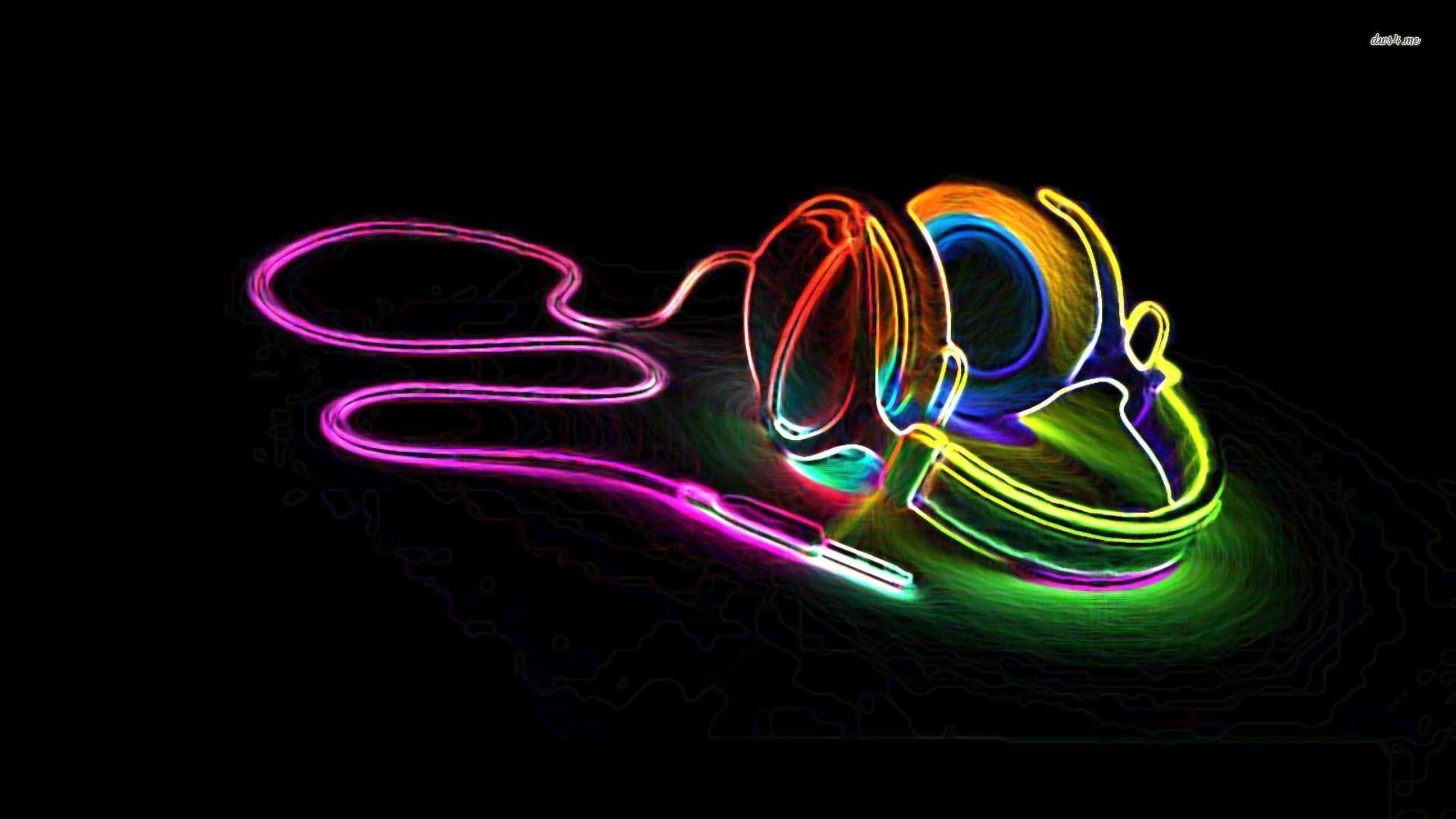 Cuffie al neon, Linee luminose, Sfondo nero, 16:9 Full HD, wallpaper widescreen