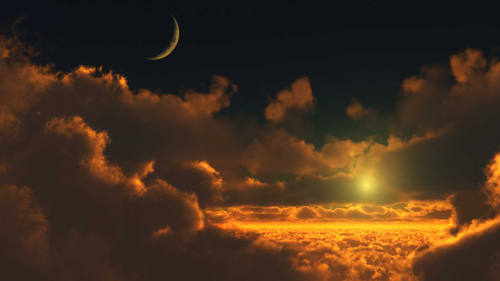 Luna crescente, Mare di nuvole, Tramonto, Full HD, sfondo per portatile