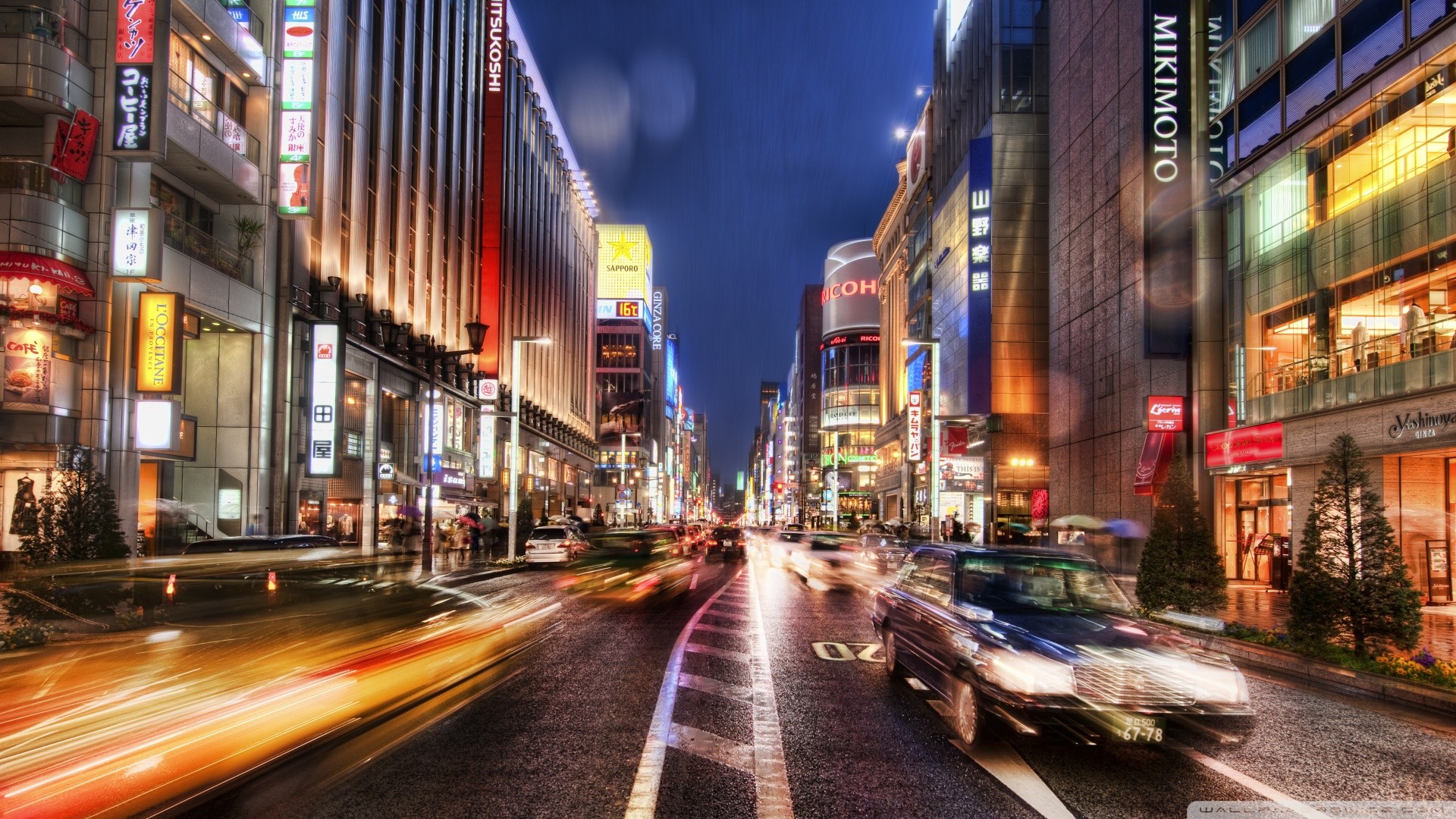 Ginza, Tokyo, Scie luminose, Sera, 1920x1080, sfondo per PC