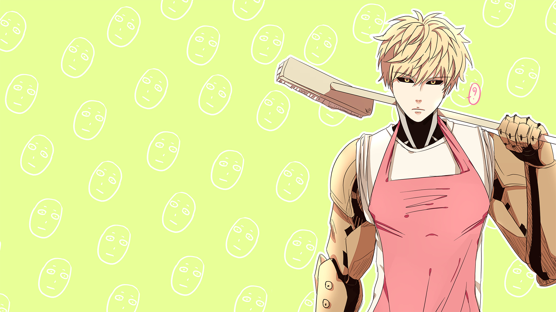 Genos, One Punch Man, Grembiule rosa, Sfondo verde chiaro, 1920x1080, wallpaper desktop