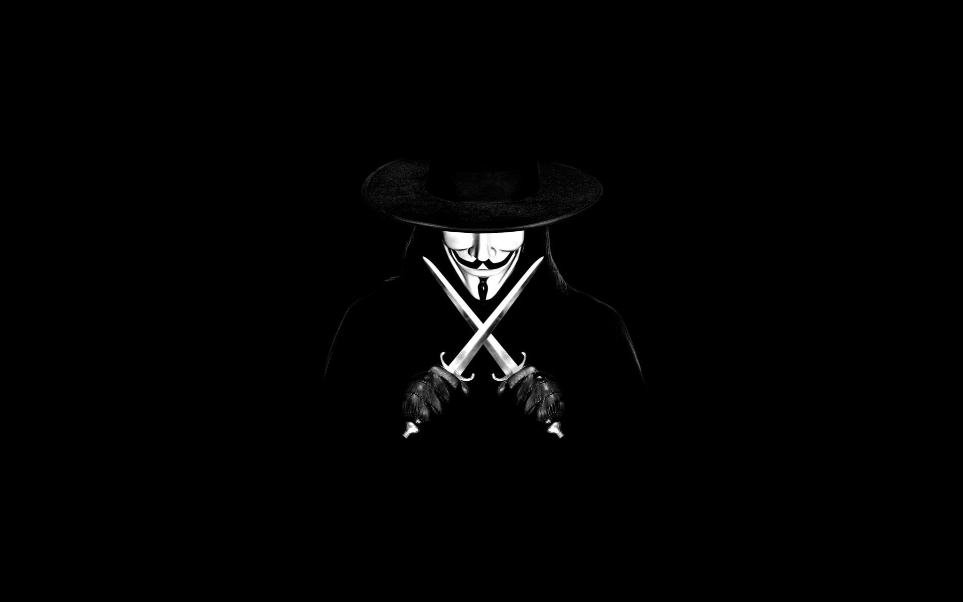 V per Vendetta, V, Maschera di Guy Fawkes, Pugnali incrociati, Sfondo nero, wallpaper Windows 11