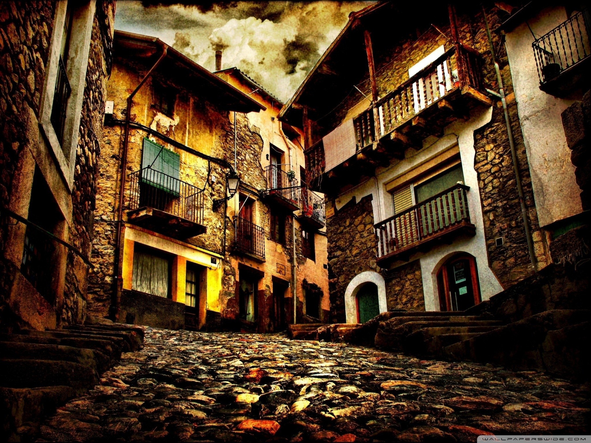 Vicolo, Strada acciottolata, Case in pietra, Borgo antico, HDR, Full HD, sfondo per iPad e tablet