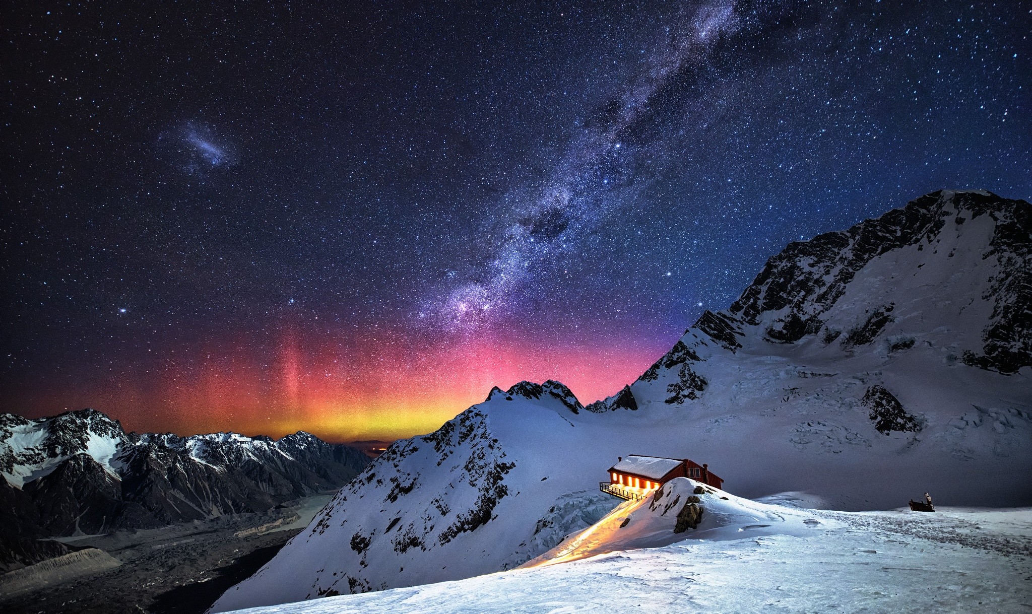 Via Lattea, Aurora, Montagne innevate, Rifugio, Full HD, sfondo per portatile