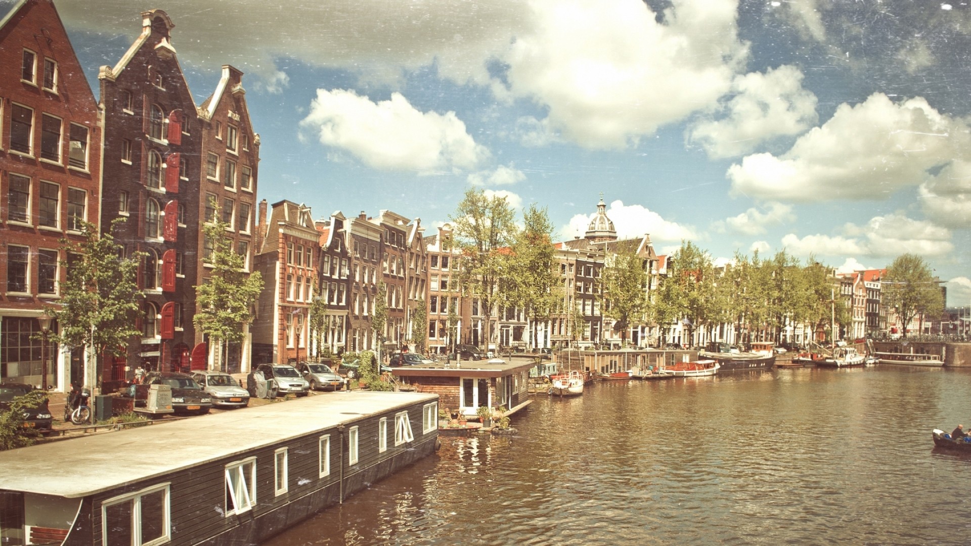 Amsterdam, Canale, Case galleggianti, Vintage, Nuvole, 16:9 Full HD, wallpaper widescreen
