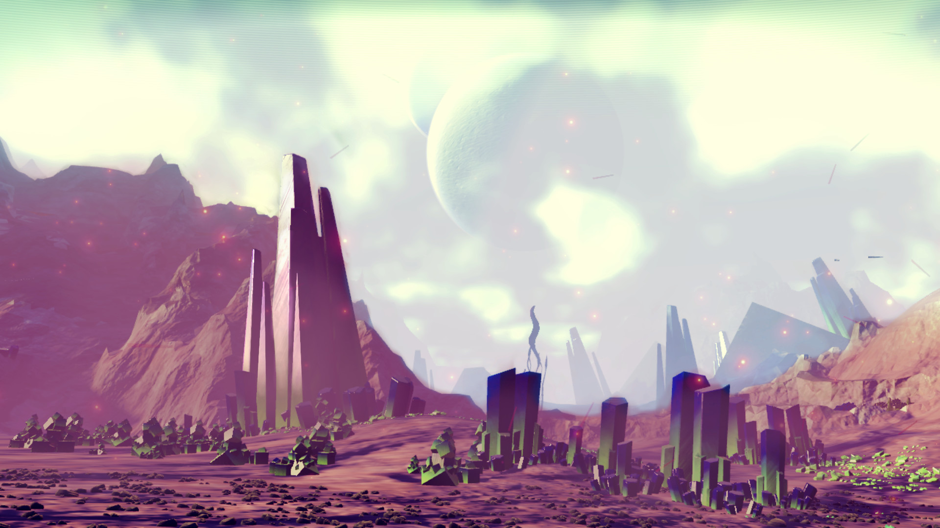 No Man's Sky, Paesaggio alieno, Monoliti, Viola, 1920x1080, sfondo per PC