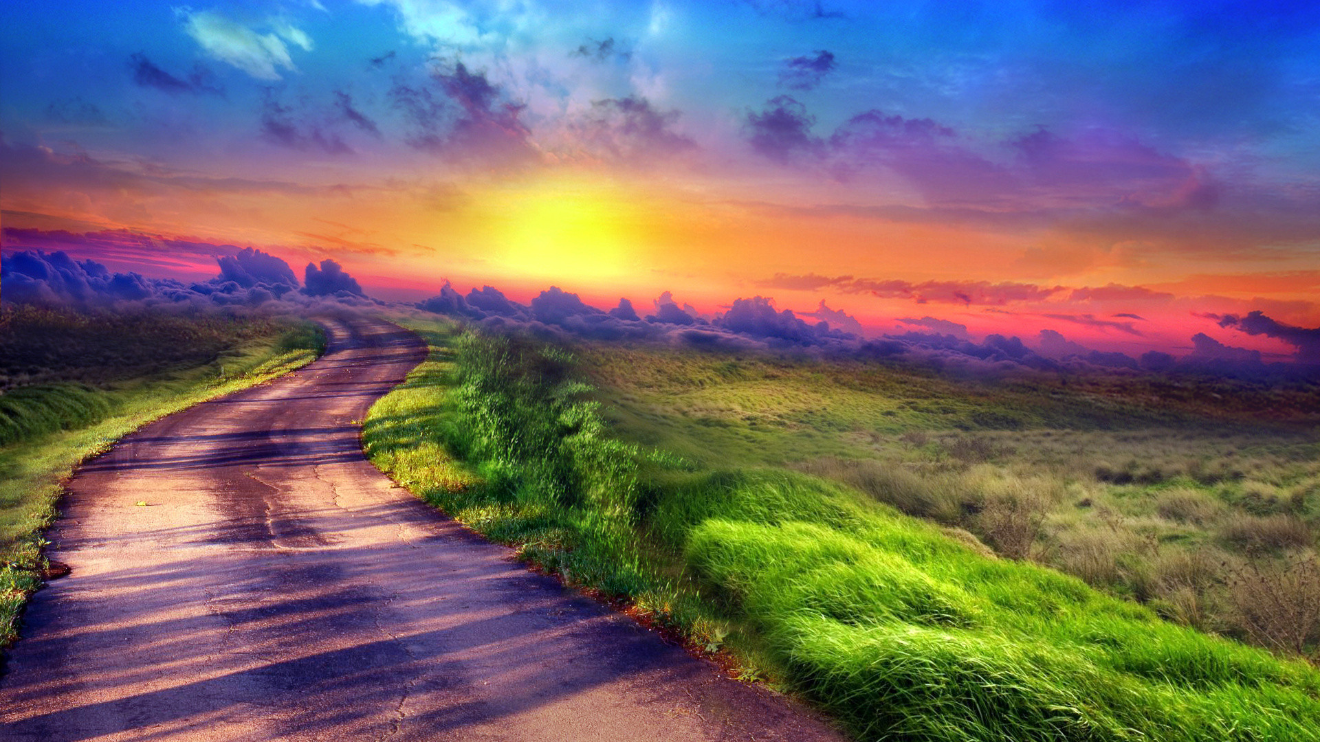 Strada di campagna, Tramonto, Prato, Cielo colorato, HDR, Full HD, wallpaper per computer