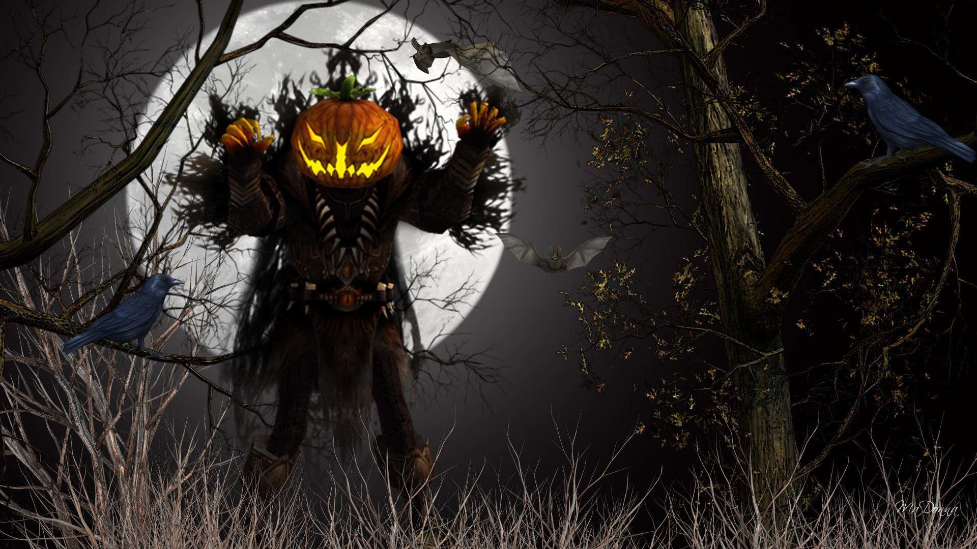 Spaventapasseri, Testa di zucca, Corvi, Luna piena, Horror, 1920x1080, sfondo per PC
