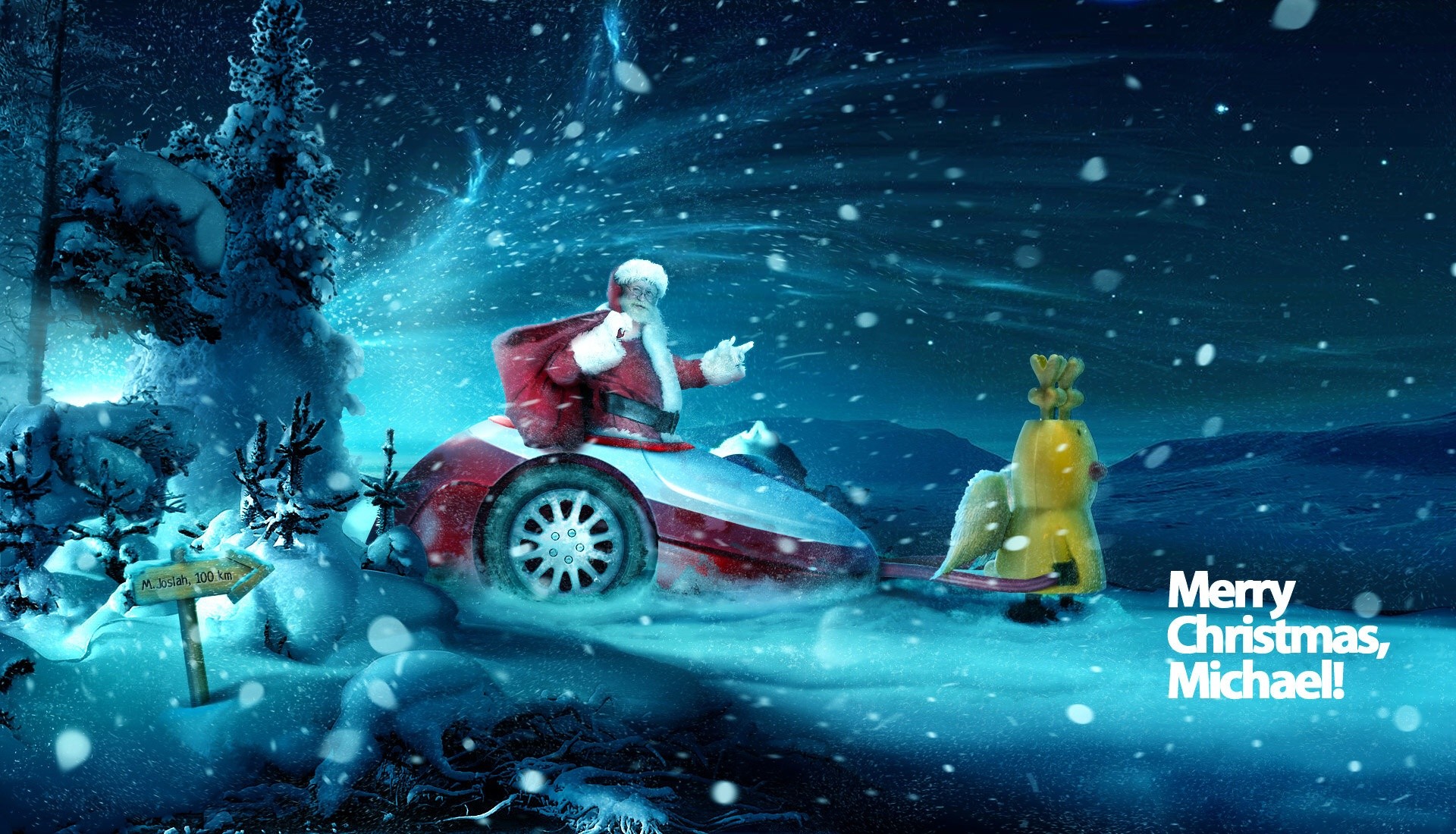 Babbo Natale, Merry Christmas, Neve, Notte, Auto, Full HD, sfondo Windows 11