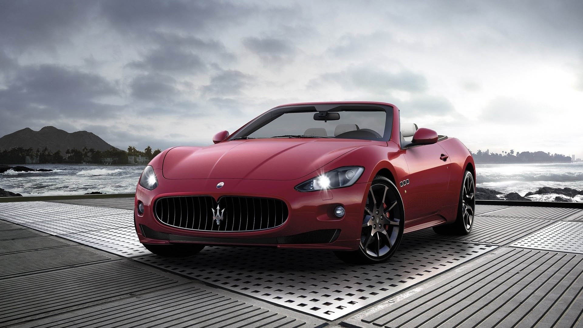 Maserati GranCabrio, Cabriolet, Rosso, Mare, Full HD, sfondo per PC e portatile