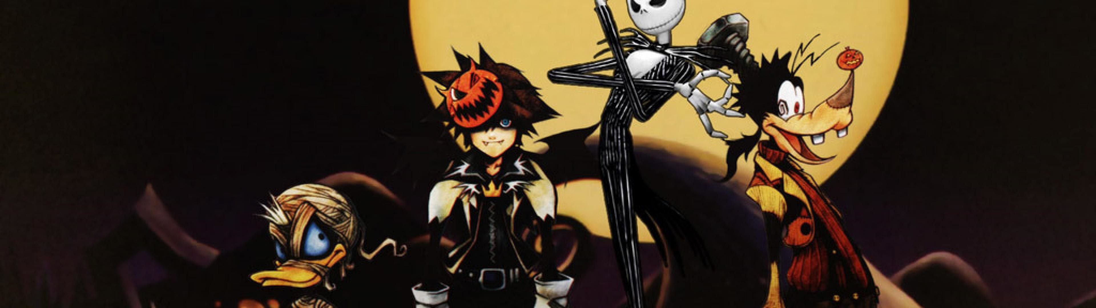 Jack Skeletron, Sora, Paperino, Pippo, Kingdom Hearts, Luna piena, sfondo 32:9 Full HD