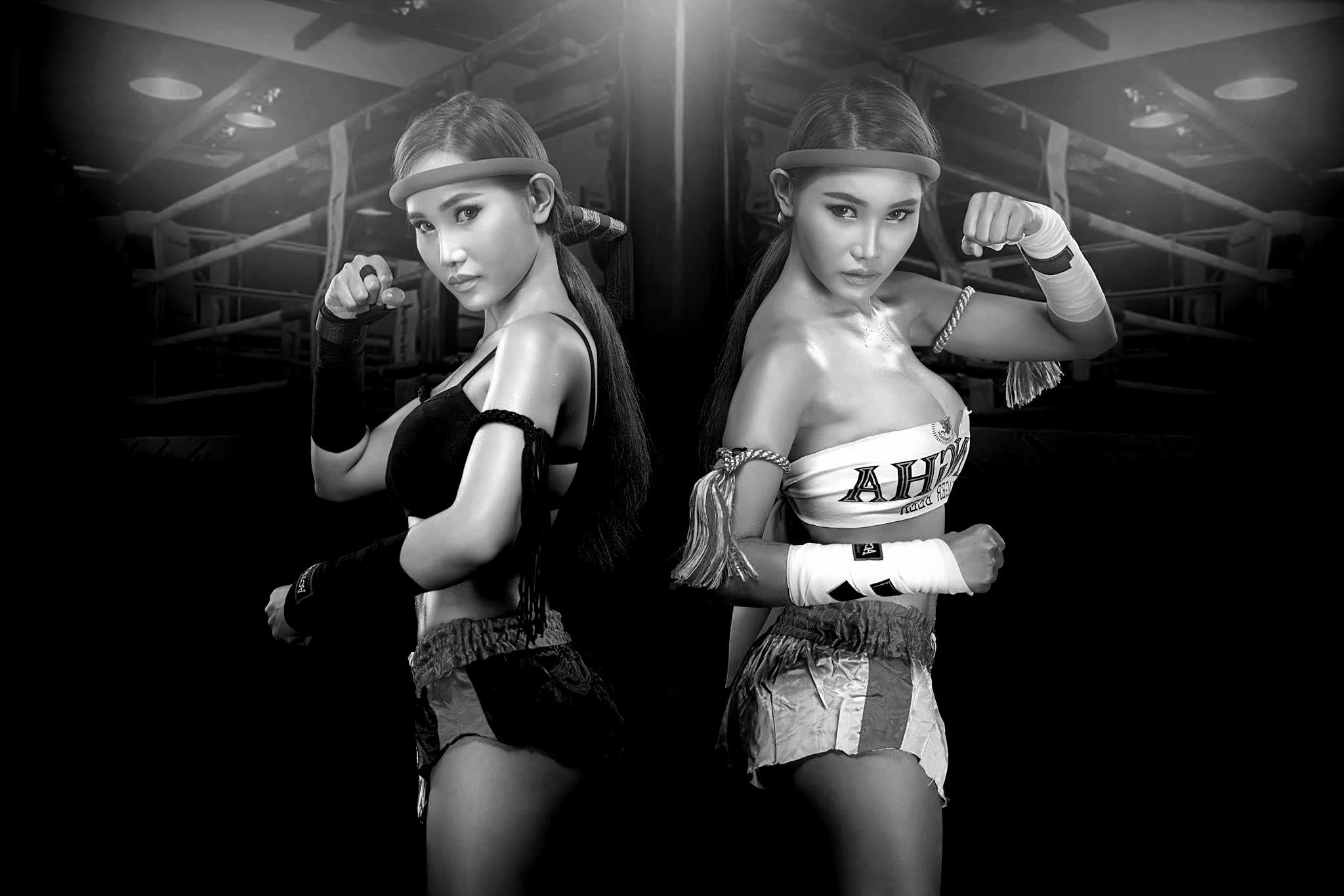 Muay Thai, Lottatrici, Mongkol, Bianco e nero, Full HD, sfondo per PC