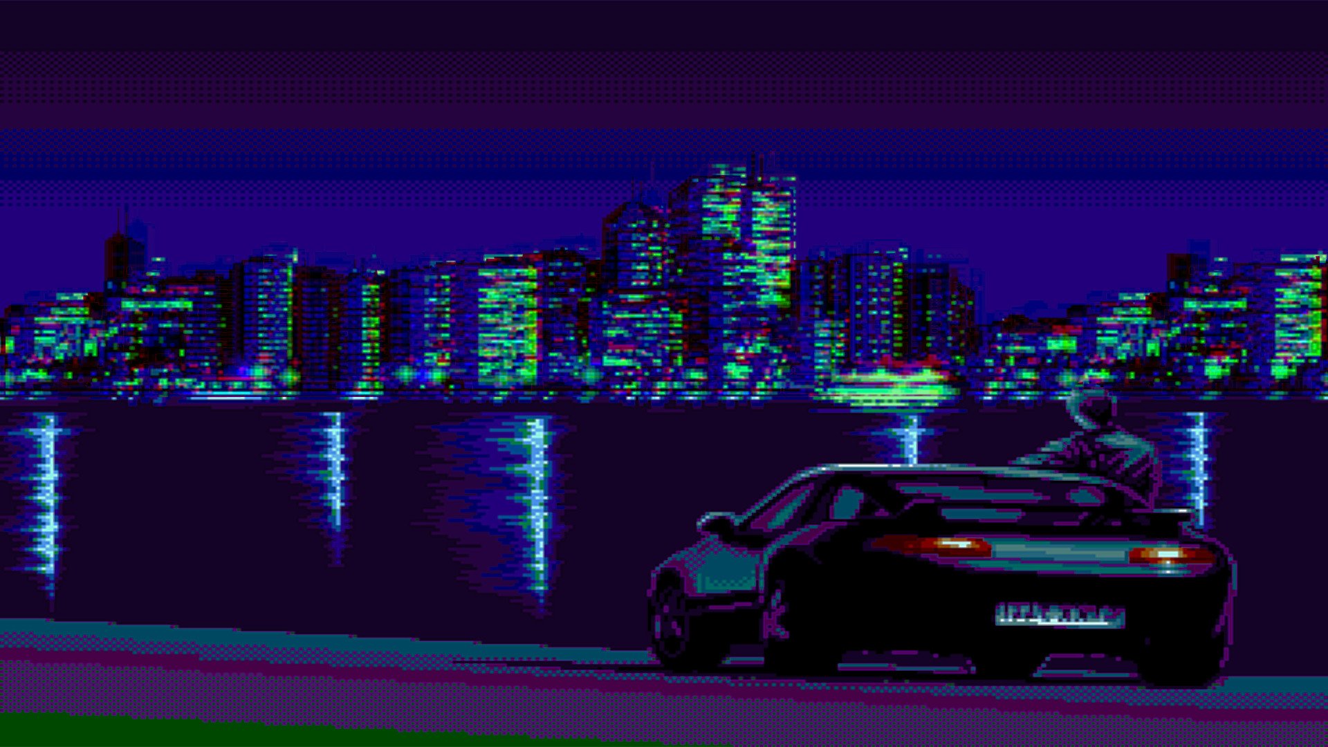 Porsche 928, Skyline notturno, Pixel art, Città, Viola, Full HD 1080p, sfondo desktop