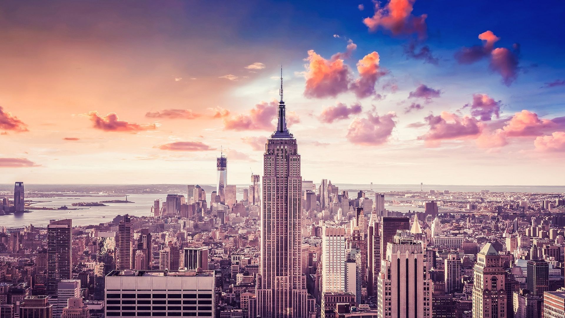 Empire State Building, One World Trade Center, Manhattan, New York, Nuvole rosa, sfondo desktop