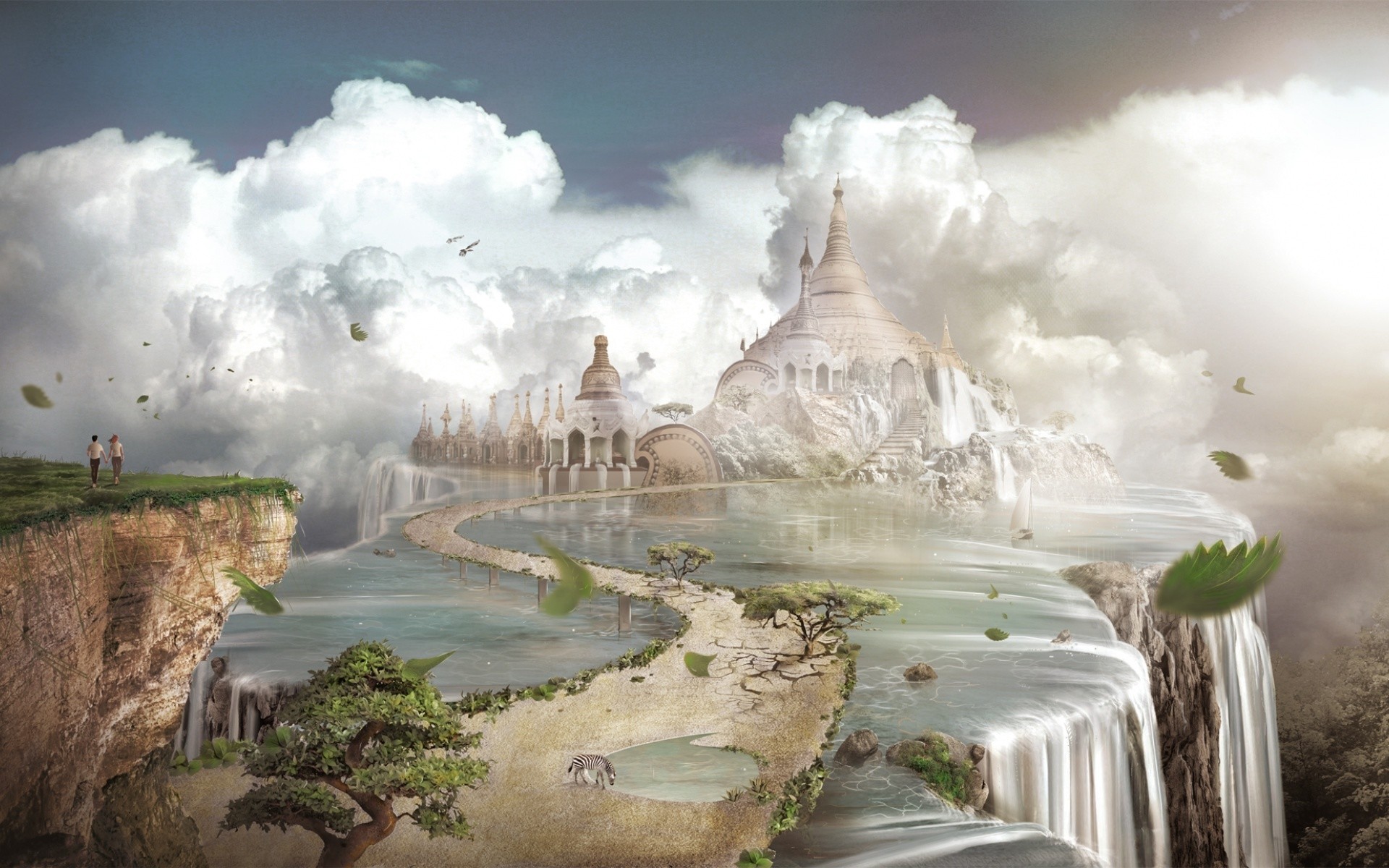 Città celeste, Cascate, Nuvole, Paesaggio fantasy, 16:10 Full HD, sfondo widescreen
