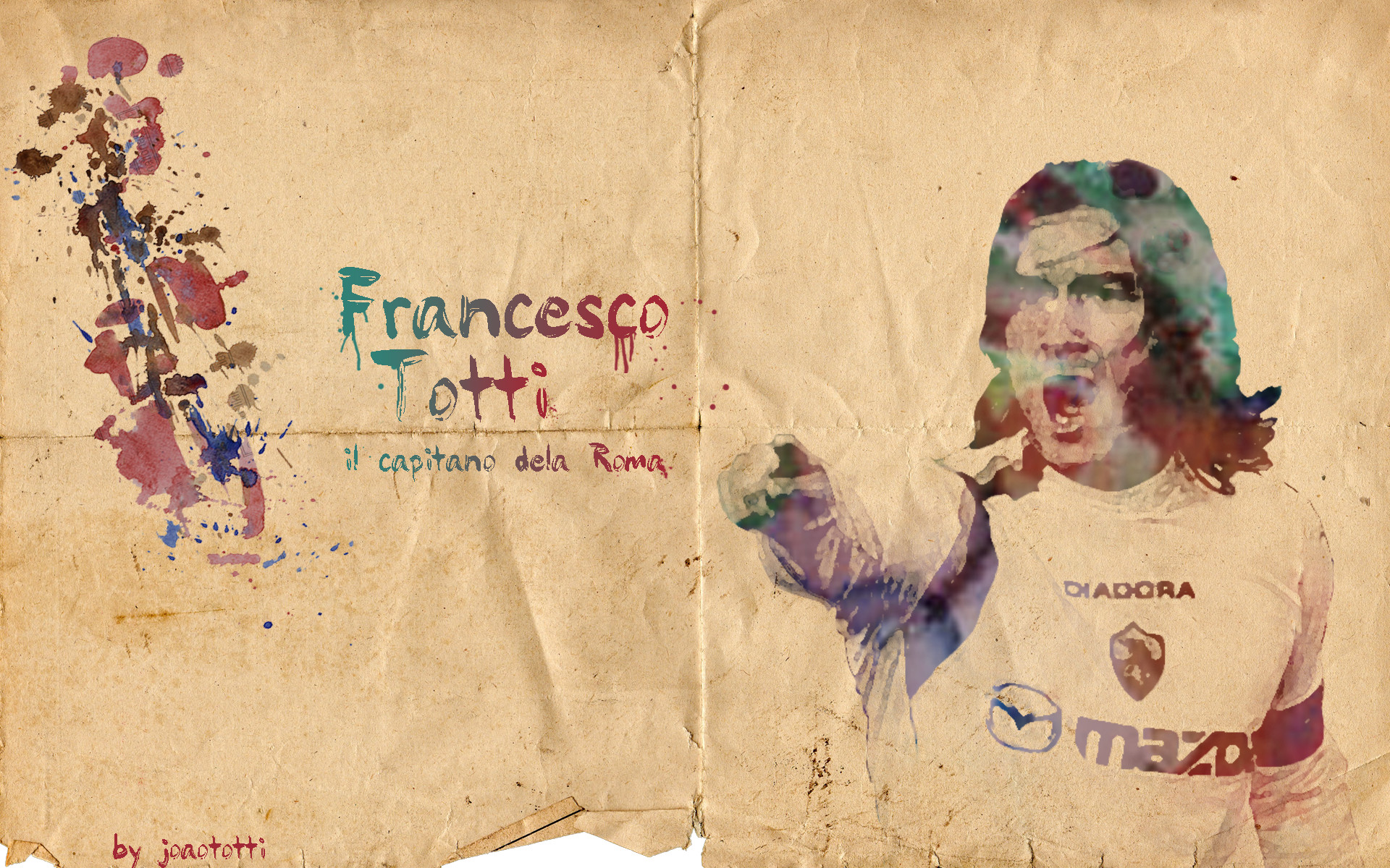 Francesco Totti, Il capitano della Roma, Acquerello, Carta antica, sfondo 16:10 Full HD