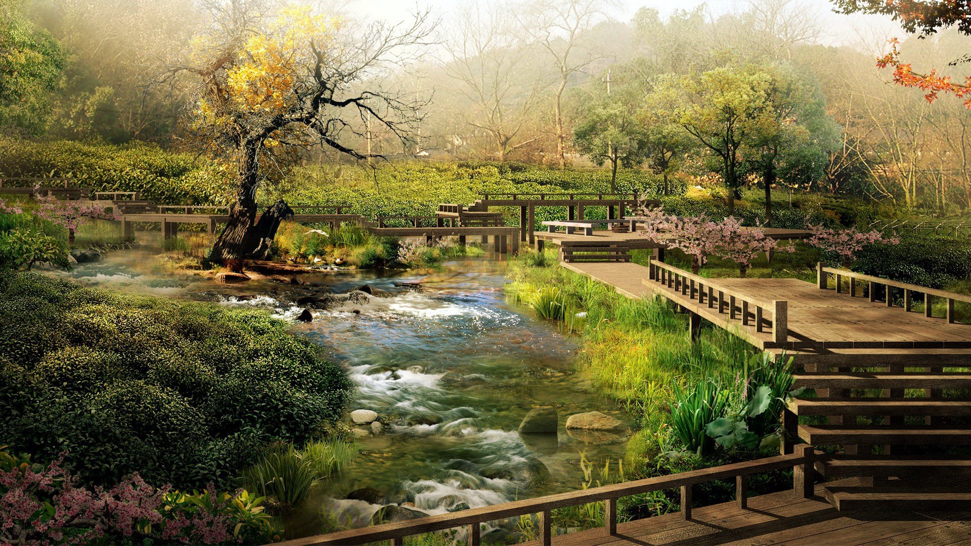 Giardino, Ruscello, Passerella di legno, Alberi, Vegetazione, 16:9 Full HD, sfondo widescreen