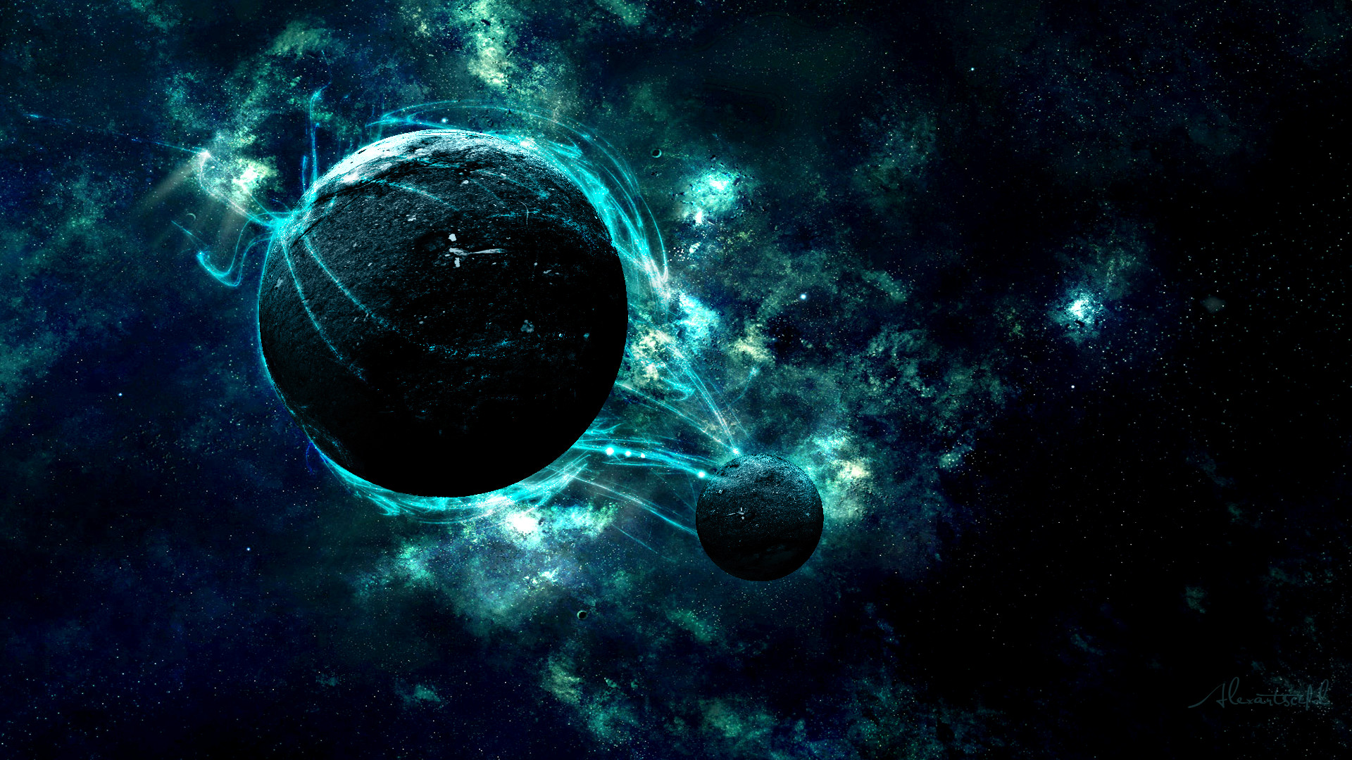 Pianeta, Nebulosa, Verde acqua, Full HD, sfondo Windows 11