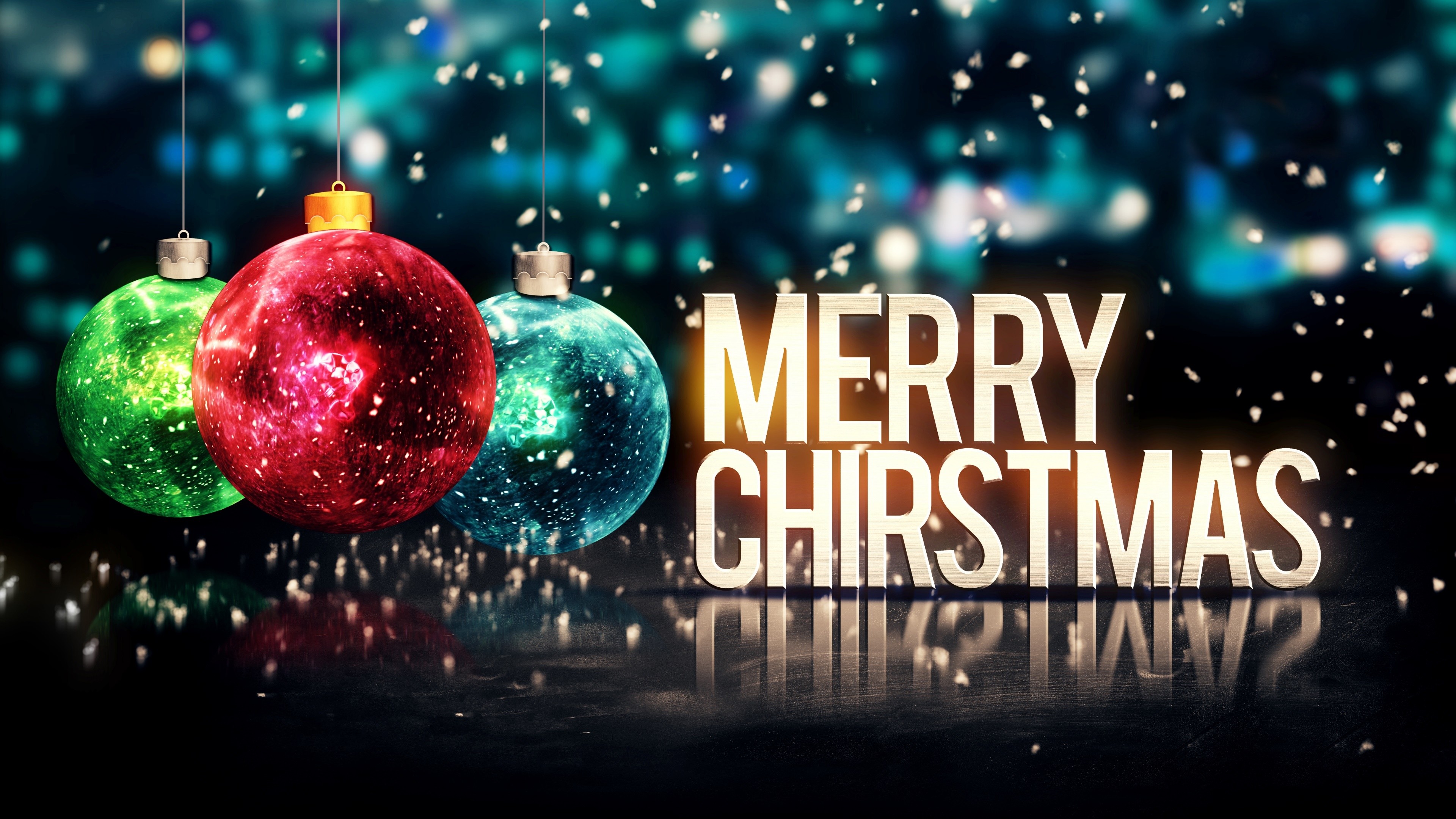 Merry Christmas, Palline di Natale, Tipografia, Bokeh, 4K 2160p, sfondo desktop