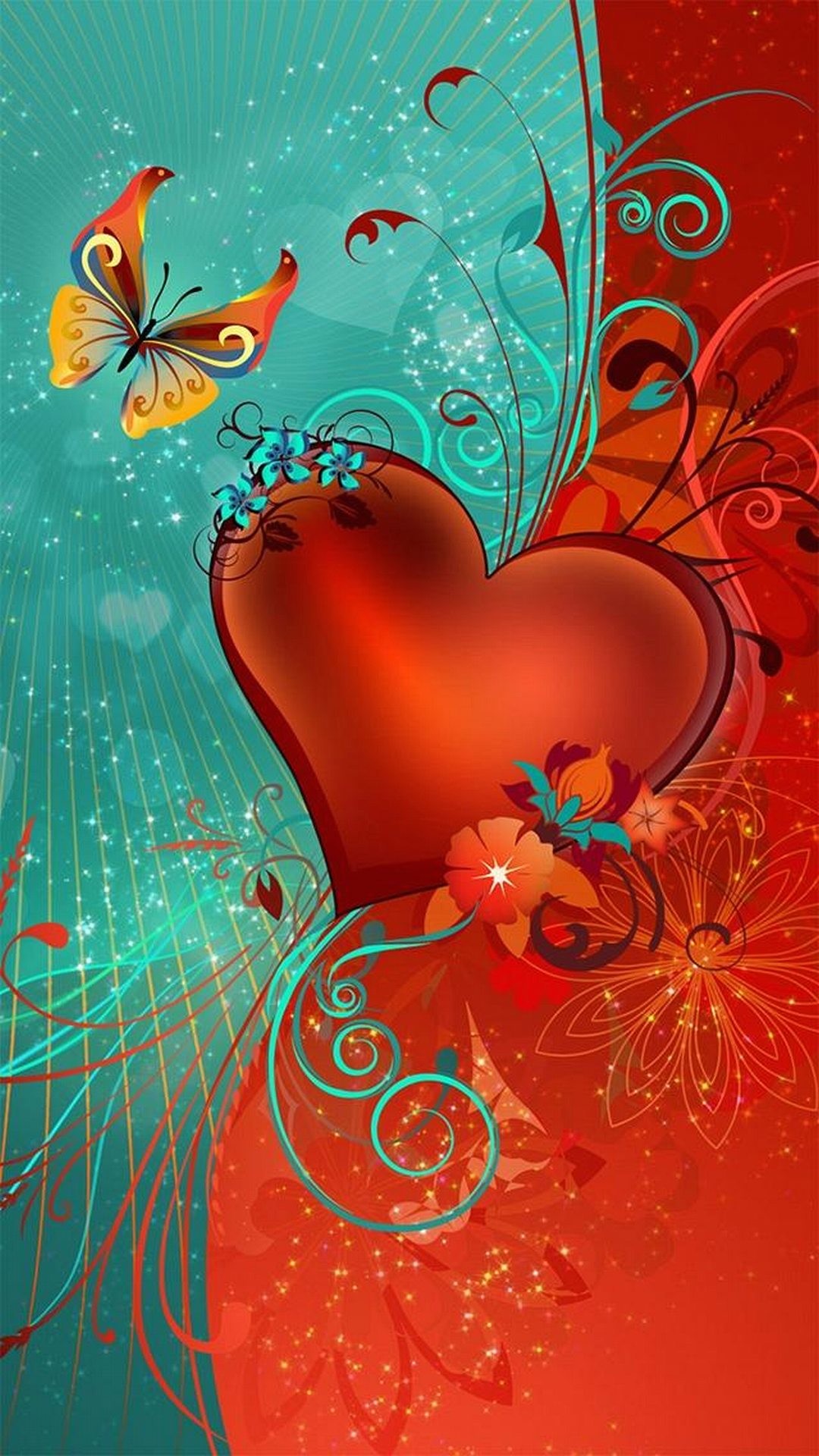 Farfalla, Cuore, Rosso, Turchese, Arte grafica, Full HD, sfondo per smartphone