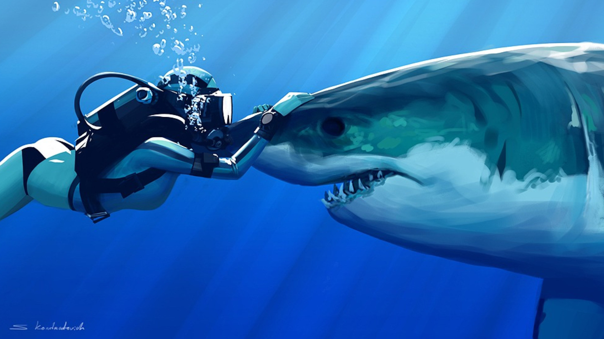Squalo bianco, Subacqueo, Arte digitale, Bolle, Full HD, wallpaper per PC