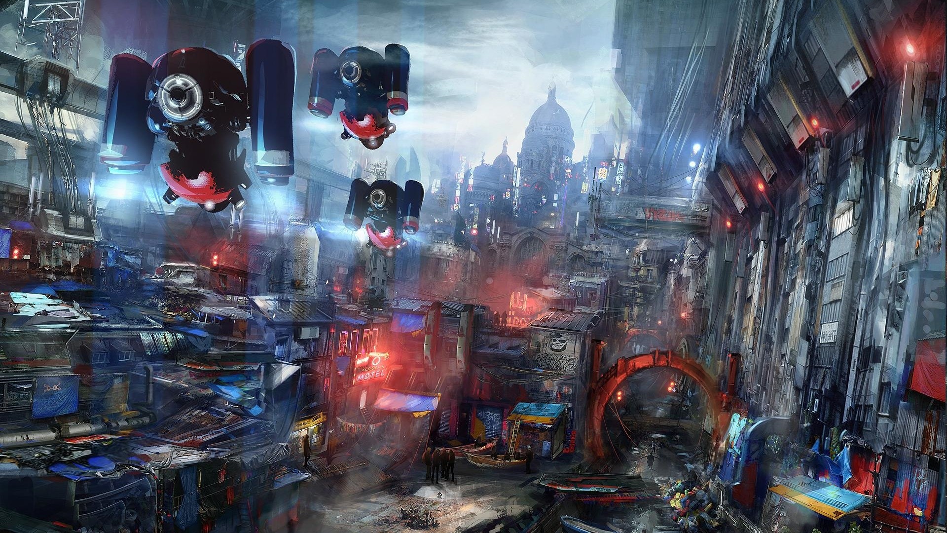 Città futuristica, Droni, Fantascienza, Full HD 1080p, sfondo desktop