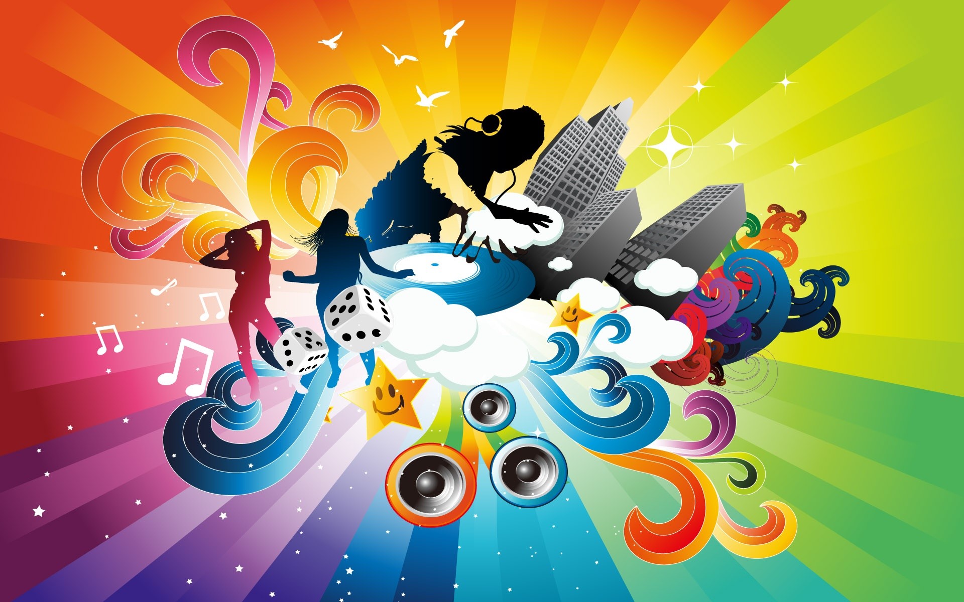 Musica, Arte vettoriale, Arcobaleno, Altoparlanti, Grattacieli, Full HD, wallpaper PC