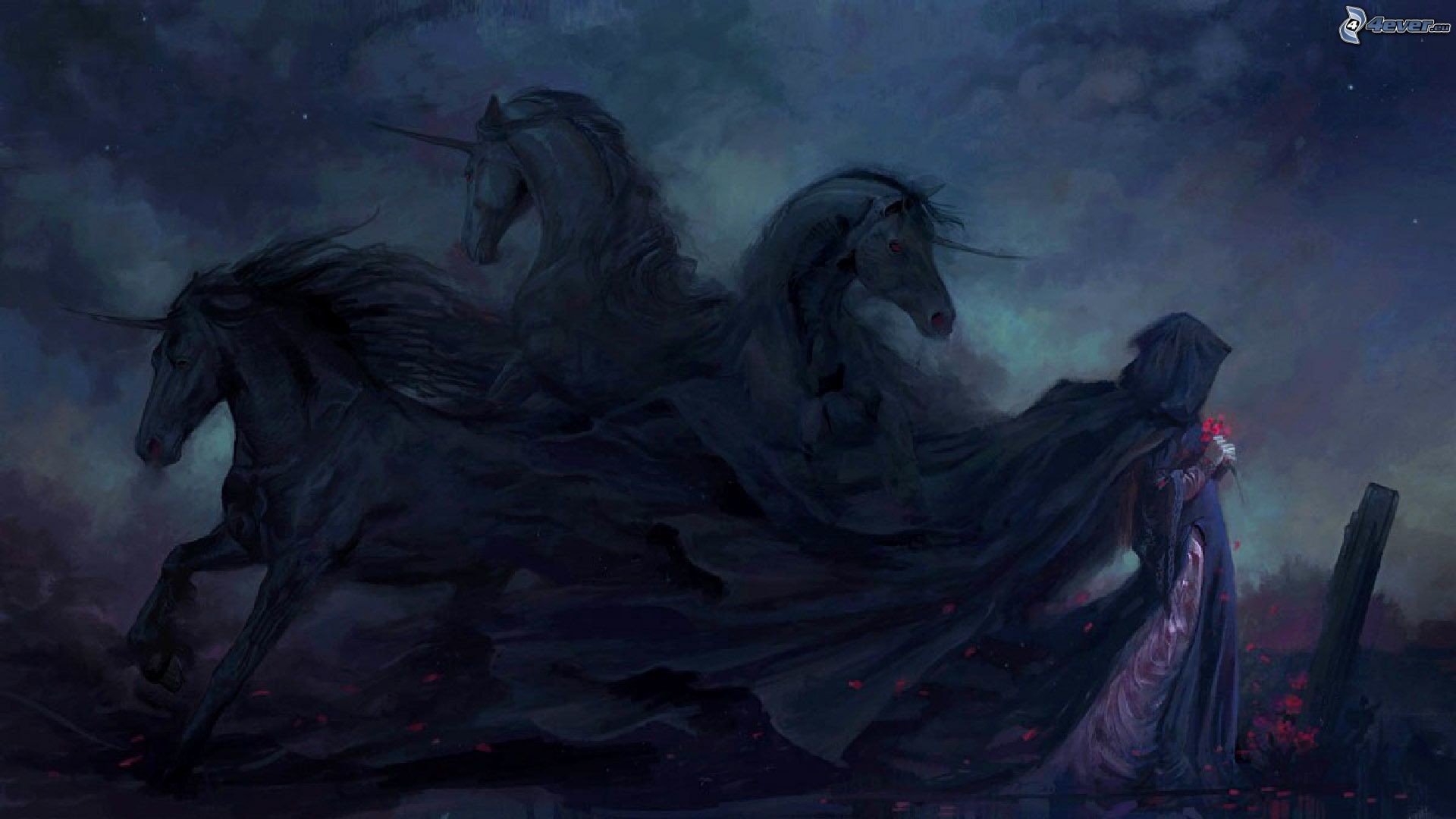 Unicorni neri, Figura incappucciata, Fantasy, Notte, Full HD, sfondo per PC