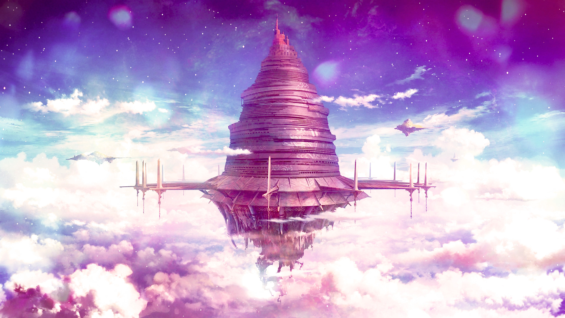 Aincrad, Sword Art Online, Castello volante, Nuvole, Cielo viola, sfondo desktop 1920x1080