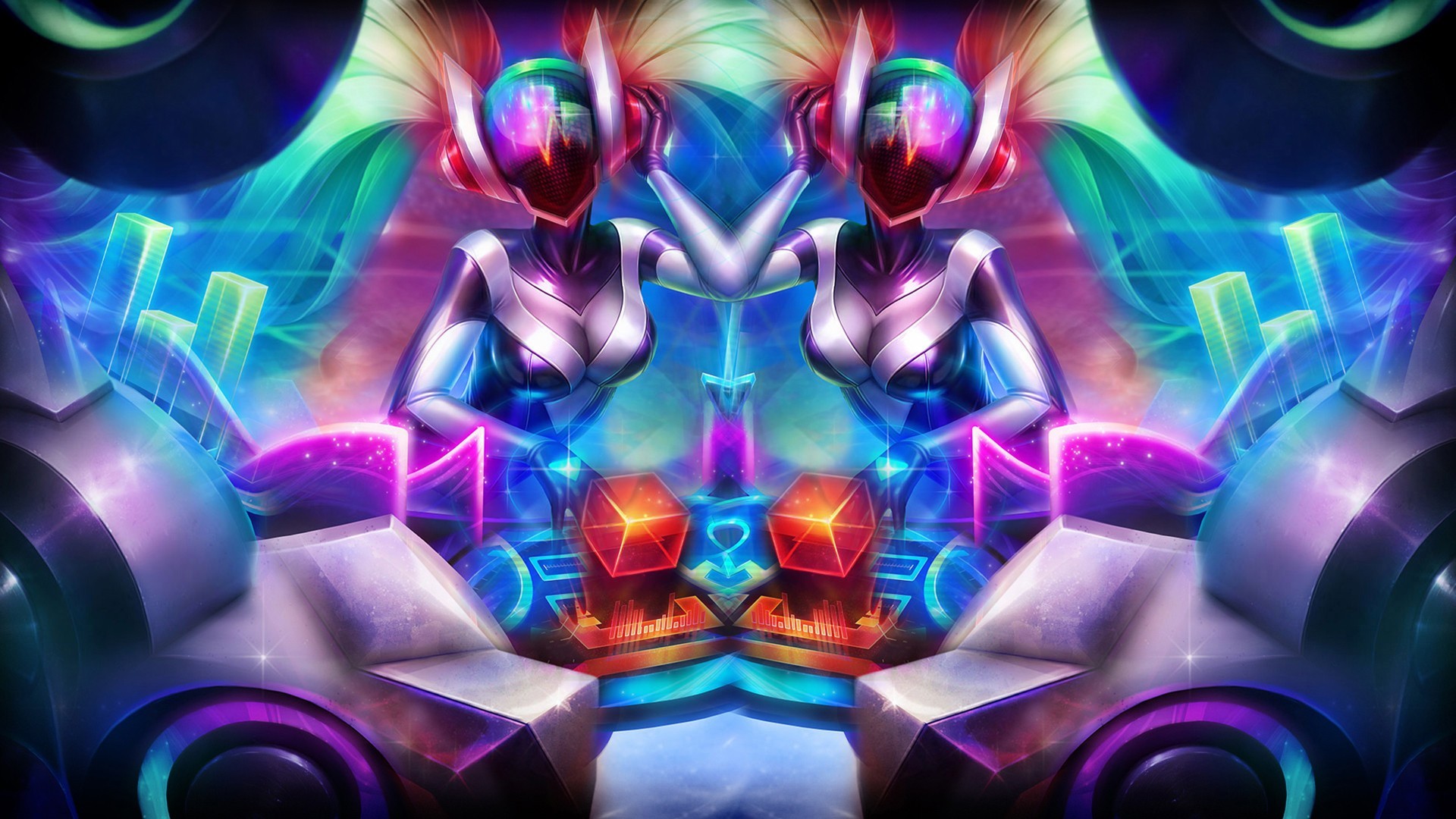 DJ Sona, Sona, League of Legends, Simmetria, Colori neon, Full HD, sfondo per portatile