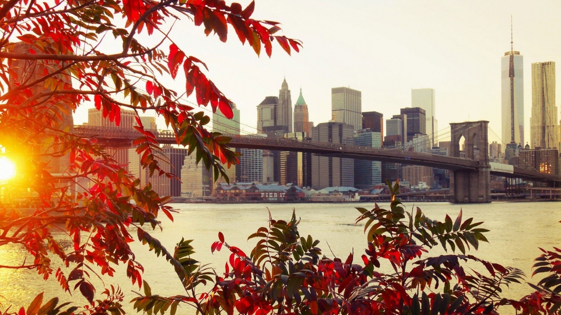 Ponte di Brooklyn, Lower Manhattan, New York, Foglie rosse, Tramonto, wallpaper 1920x1080