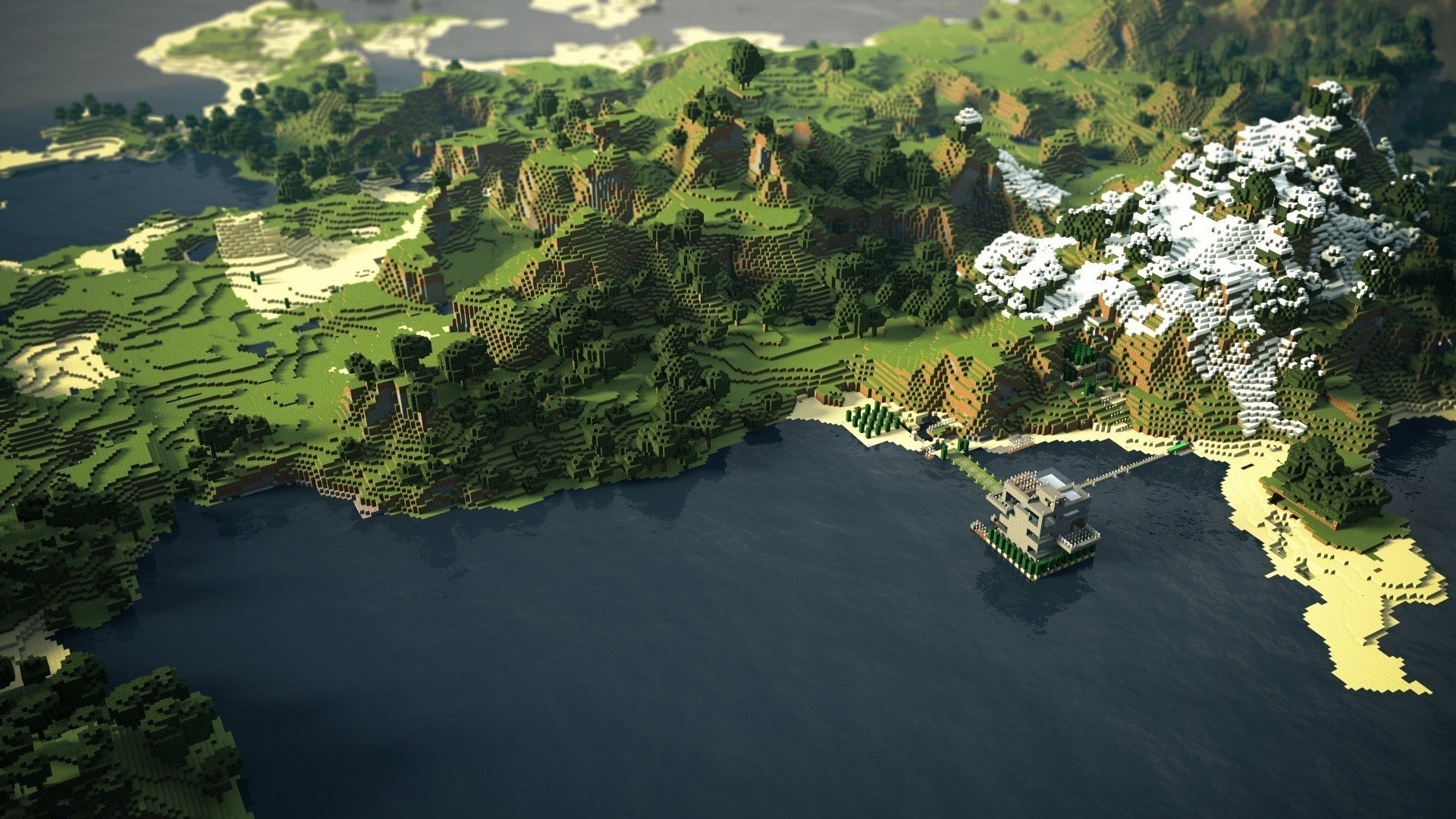 Minecraft, Paesaggio, Veduta aerea, Montagne innevate, Full HD, sfondo per portatile