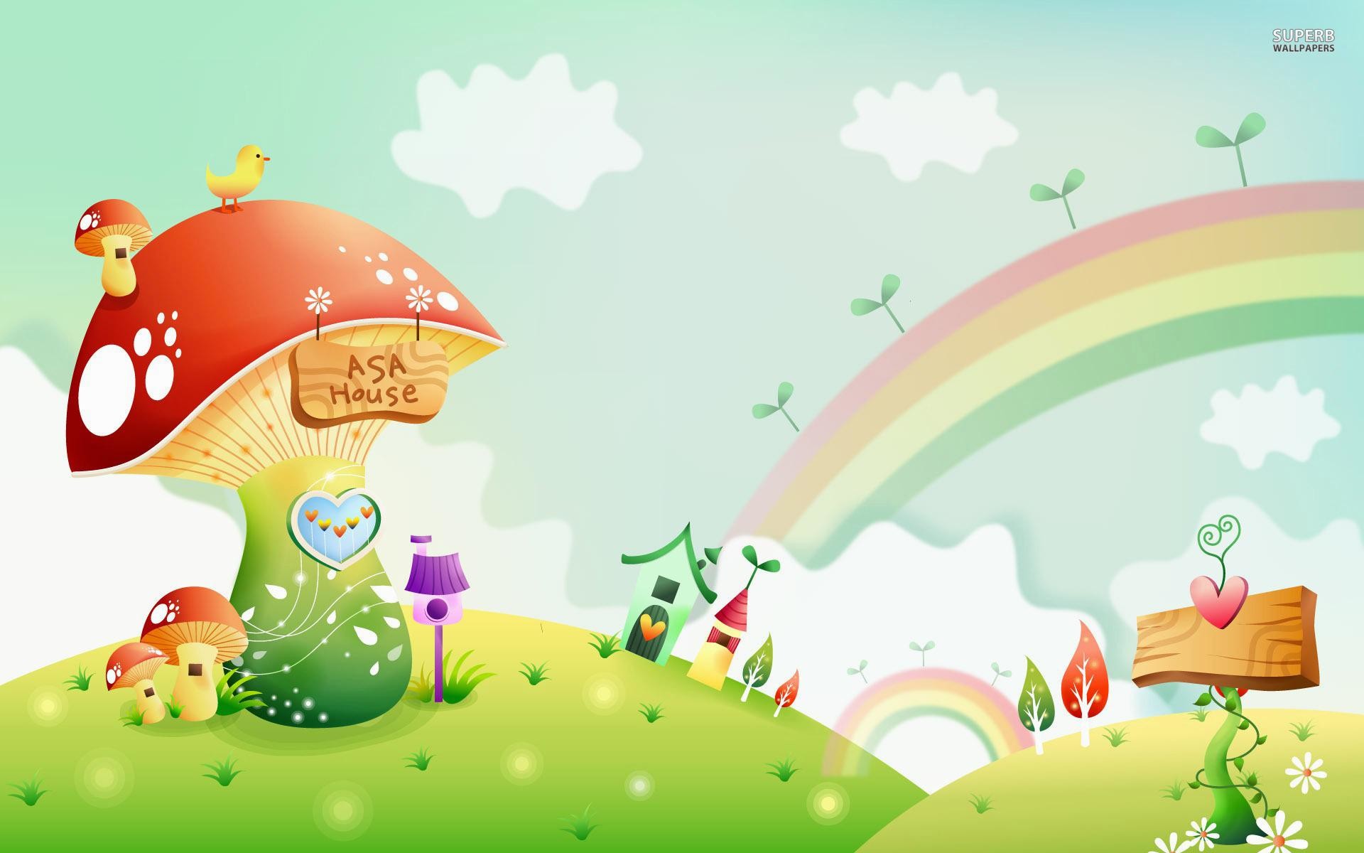 Arcobaleno, Casa fungo, Fiaba, Illustrazione, Full HD, sfondo Windows 11