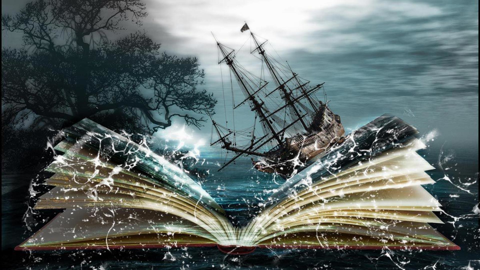 Libro aperto, Nave pirata, Tempesta, Fantasy, 1920x1080, wallpaper desktop