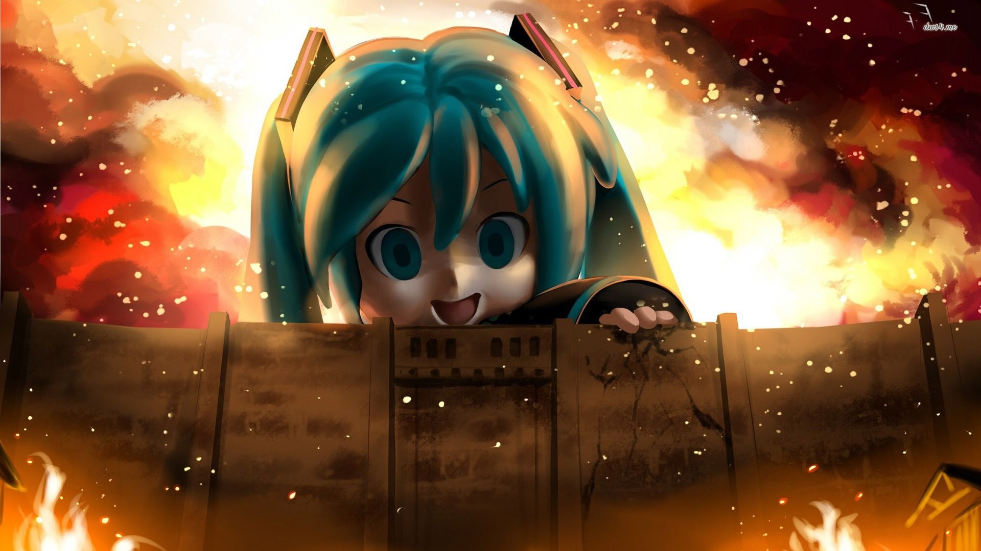 Hatsune Miku, Crossover, L'attacco dei giganti, Parodia, Fiamme, sfondo Full HD per computer