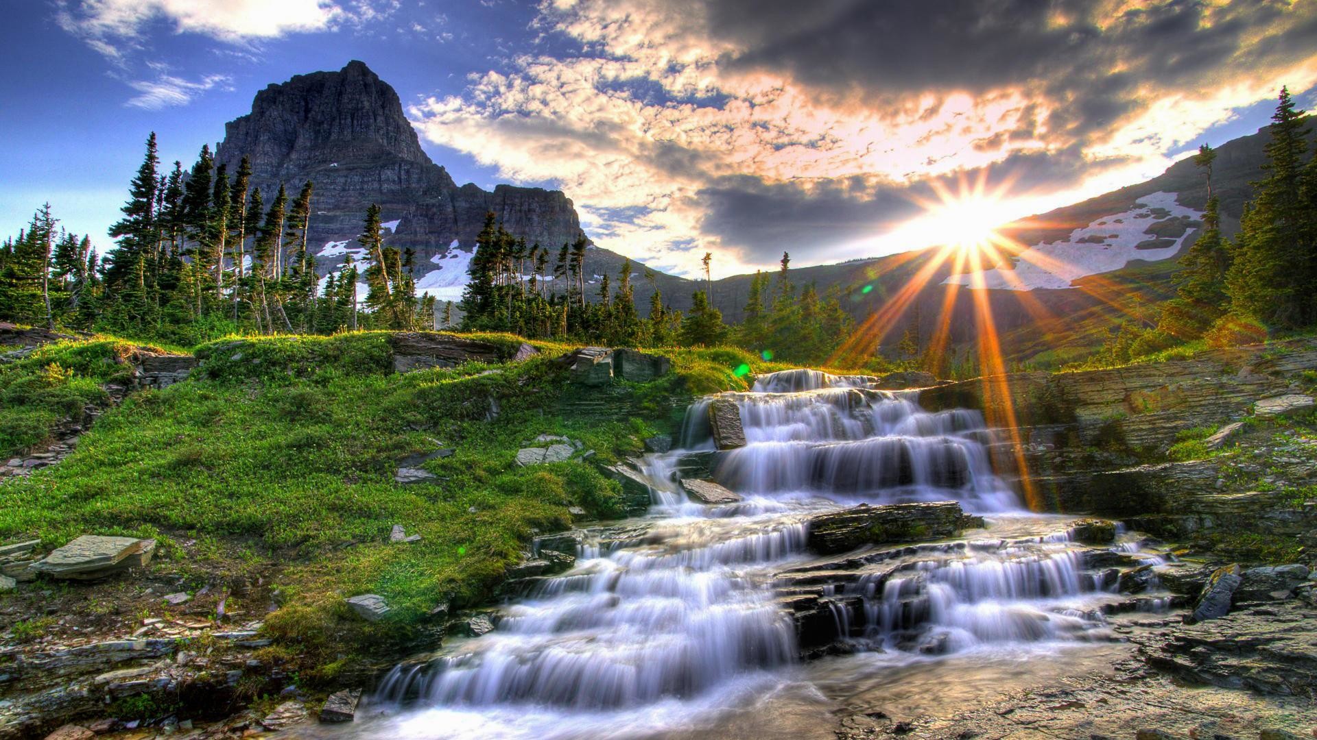 Glacier National Park, Cascata, Montagne, Raggi di sole, Full HD, wallpaper per computer
