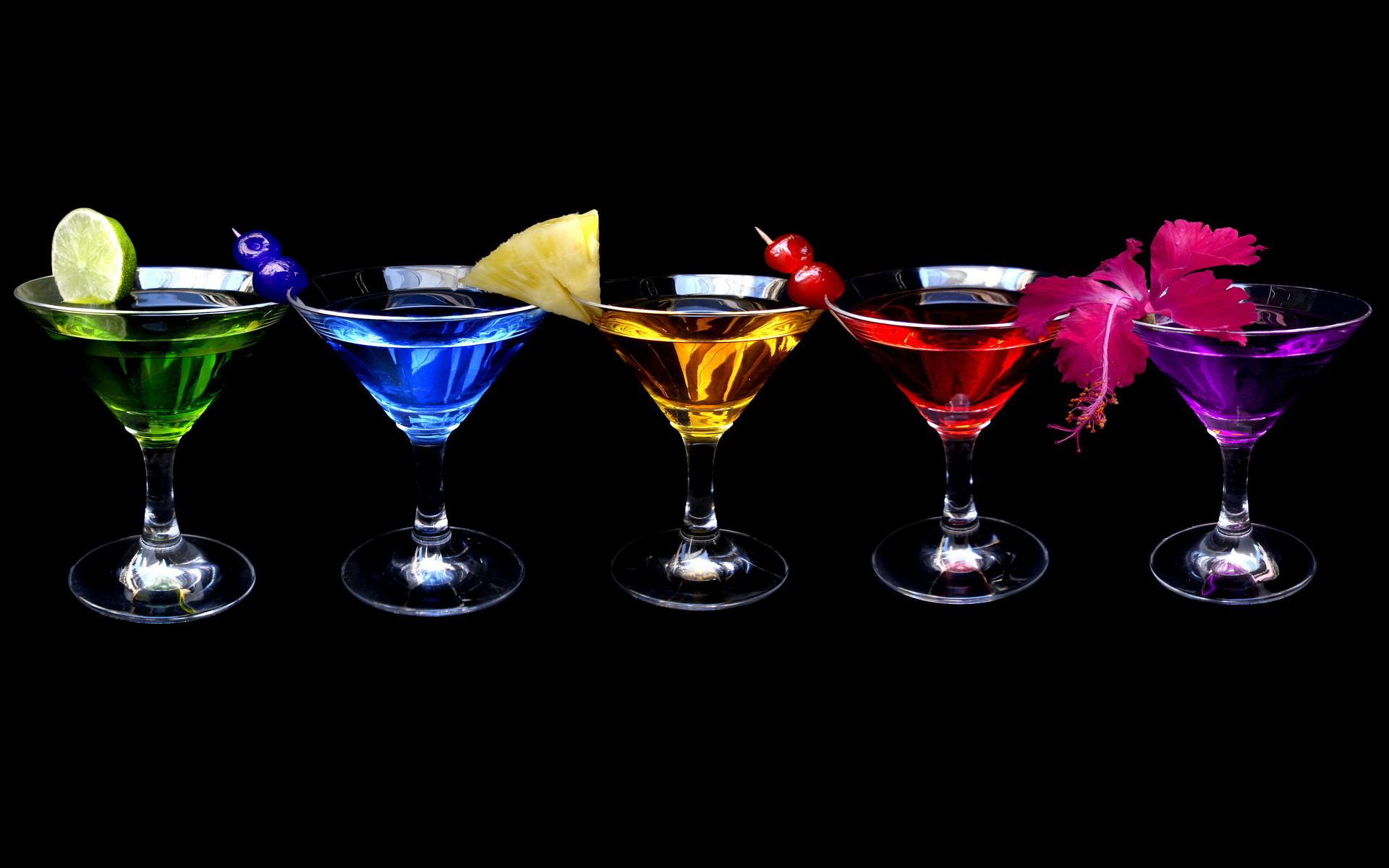 Cocktail, Bicchieri da martini, Colori vivaci, Sfondo nero, 16:10 Full HD, wallpaper widescreen