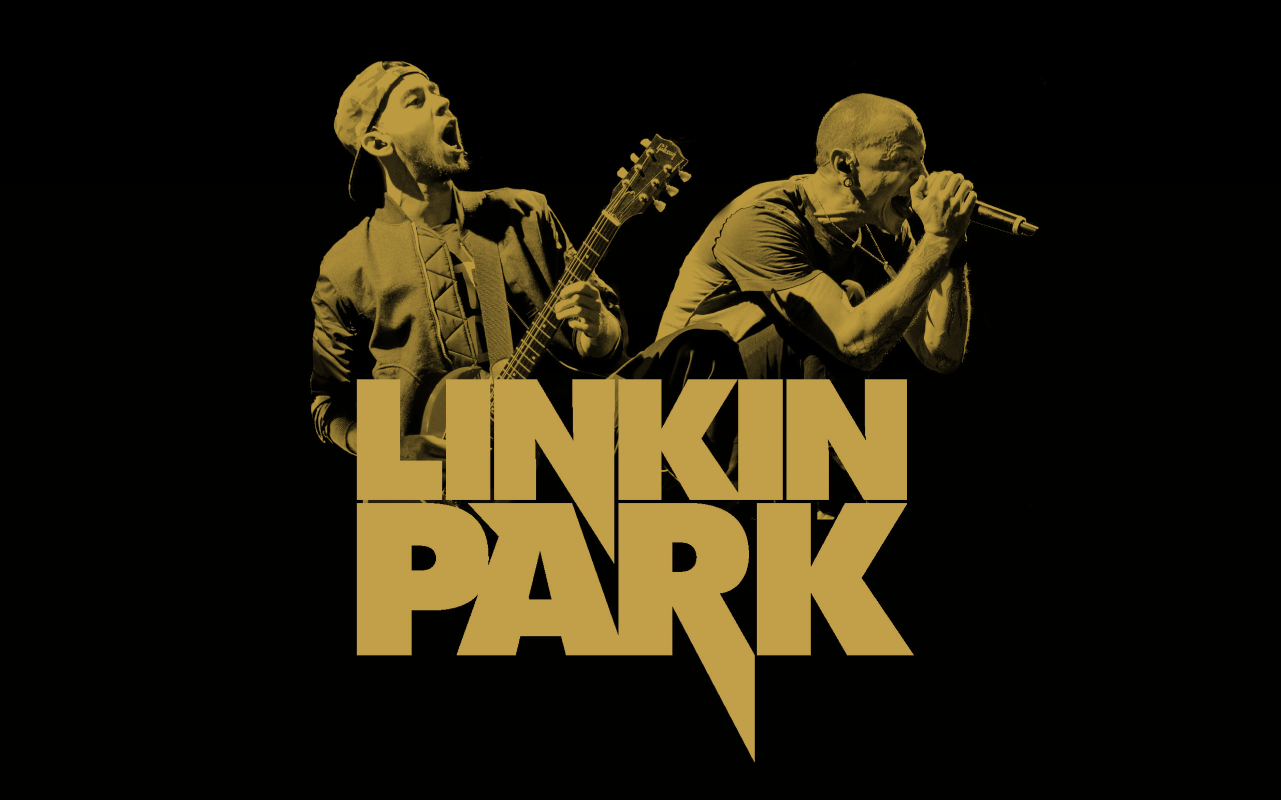 Linkin Park, Chester Bennington, Mike Shinoda, Oro, Sfondo nero, wallpaper desktop 2K