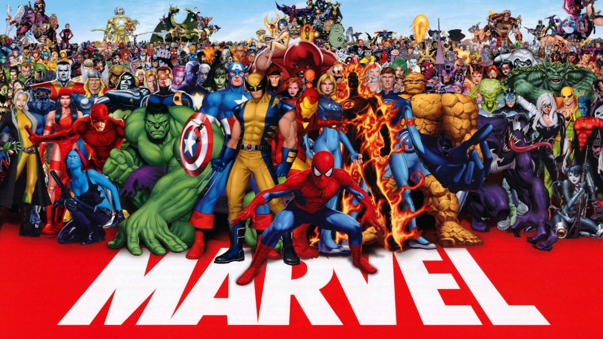 Logo Marvel, Uomo Ragno, Capitan America, Hulk, Wolverine, Supereroi, sfondo widescreen Full HD