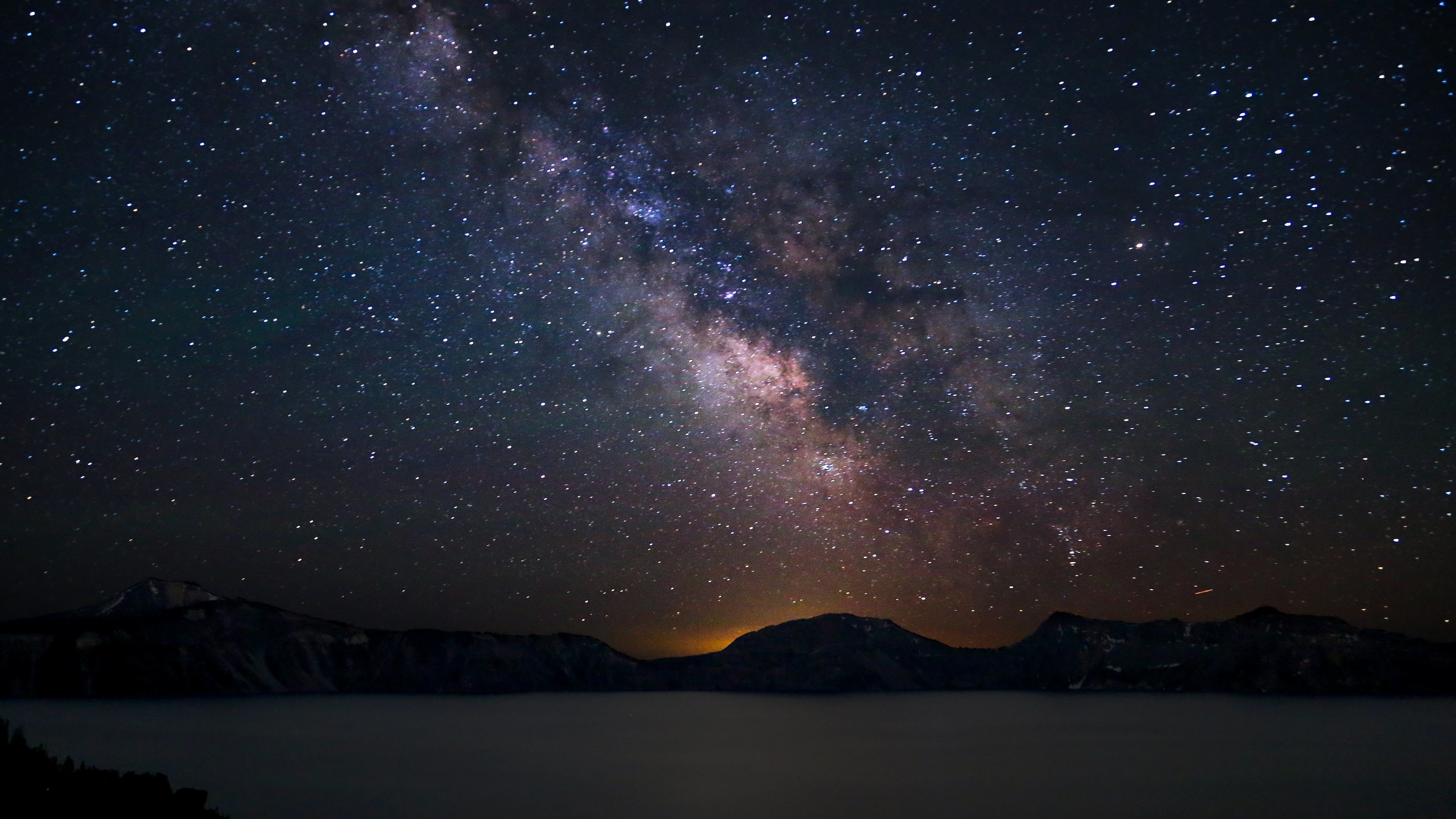Via Lattea, Crater Lake, Montagne, Cielo stellato, 4K, sfondo per PC e portatile