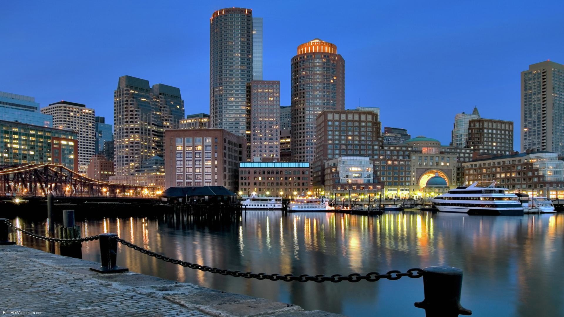 Boston, Porto, Grattacieli, Riflesso, Crepuscolo, 1920x1080, sfondo per PC