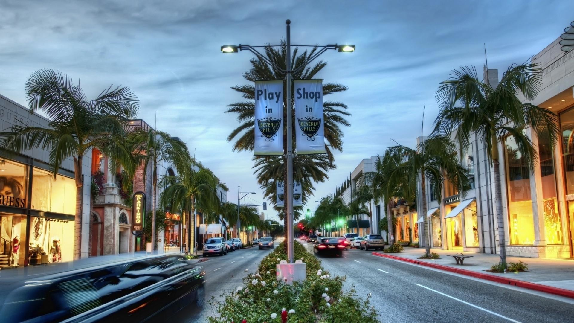 Rodeo Drive, Beverly Hills, Palme, Negozi di lusso, Full HD, sfondo Windows 11