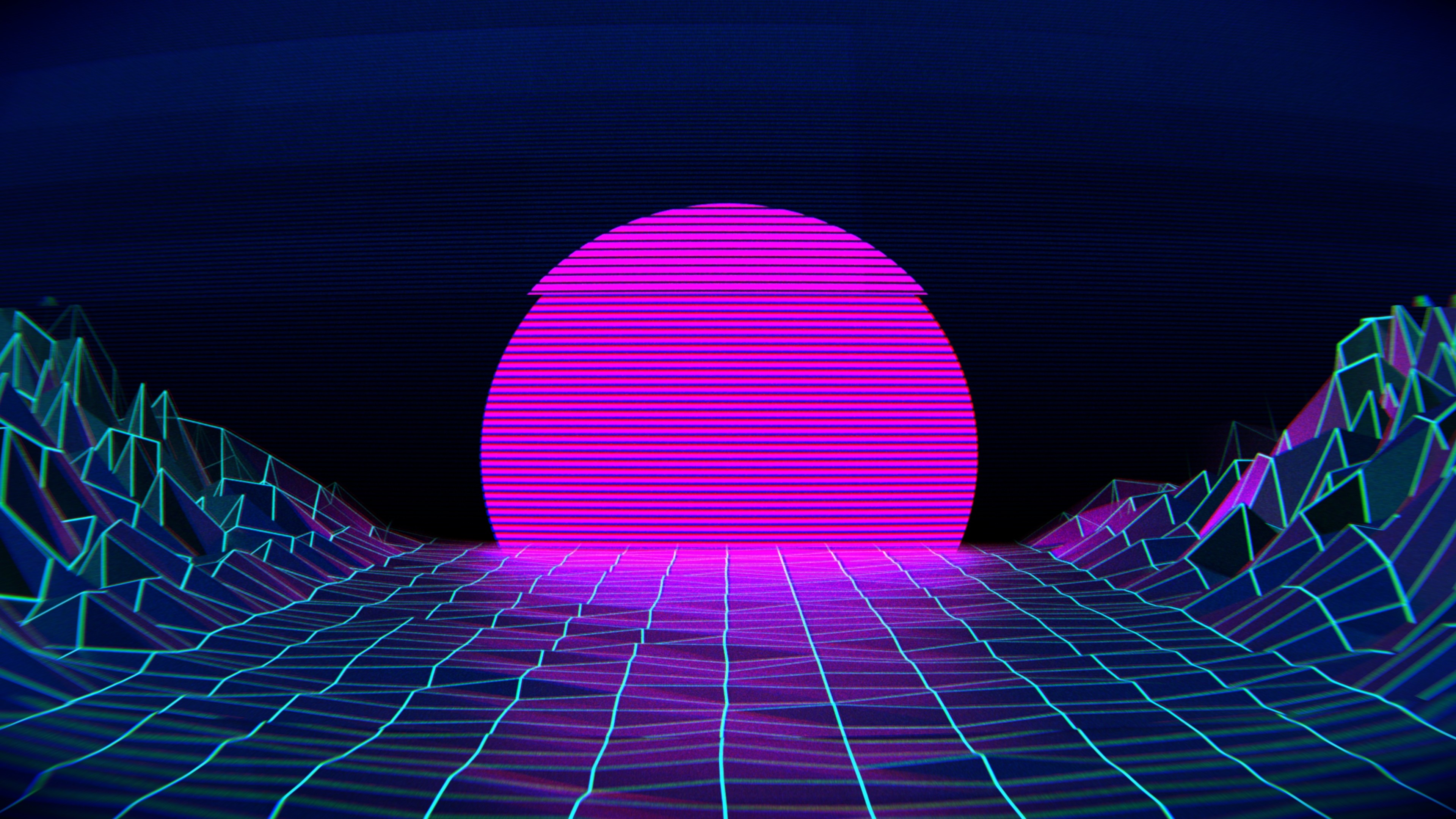 Vaporwave, Sole retro, Griglia neon, Montagne wireframe, Magenta, sfondo desktop 2160p