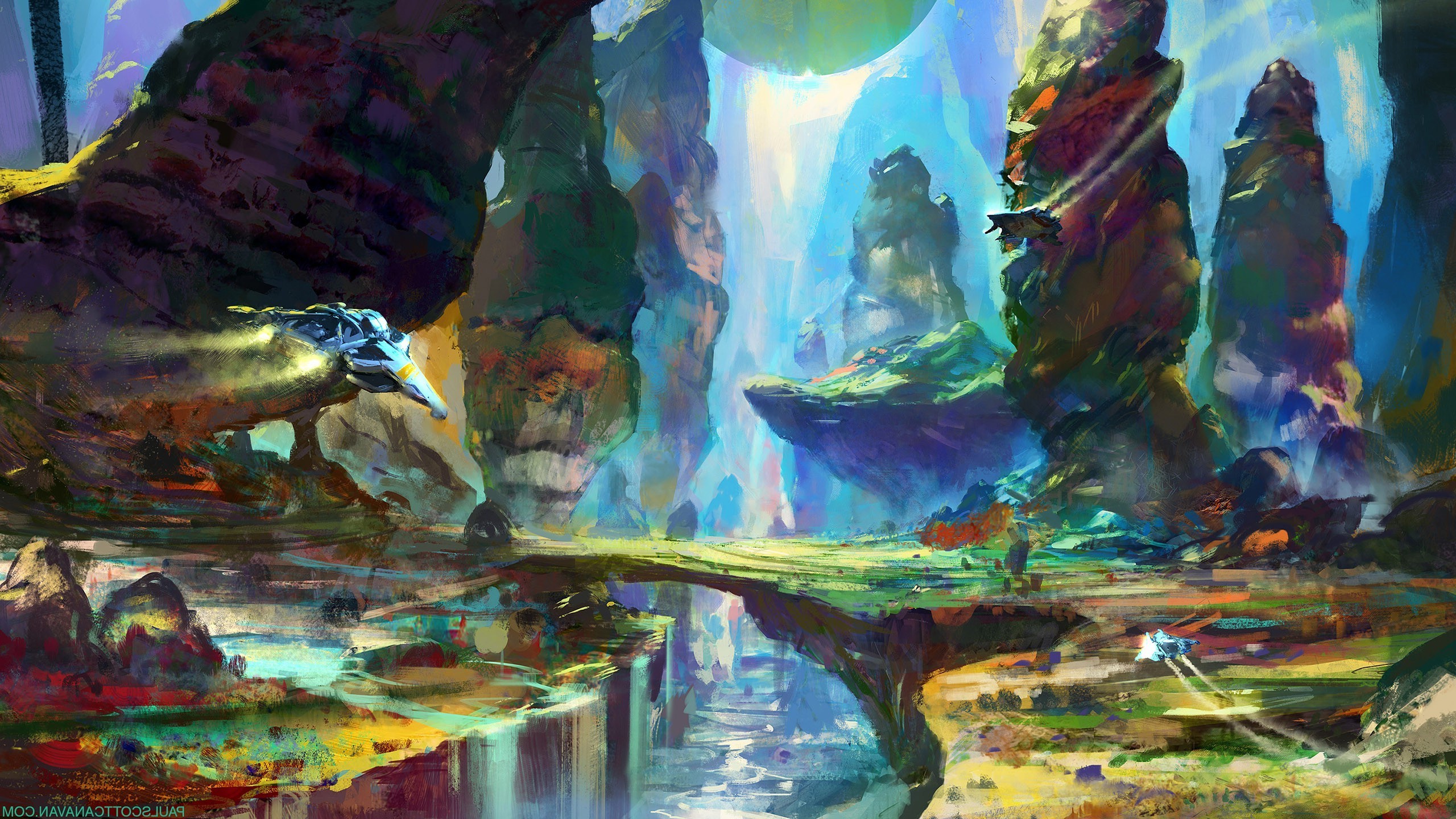 No Man's Sky, Concept art, Cascata, Rocce, 16:9 2K, sfondo widescreen