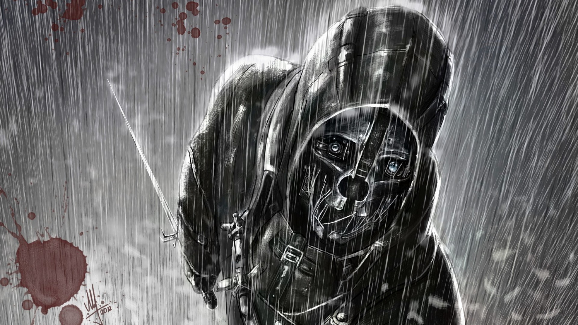 Corvo Attano, Dishonored, Pioggia, Schizzi di sangue, Full HD, sfondo Windows 11
