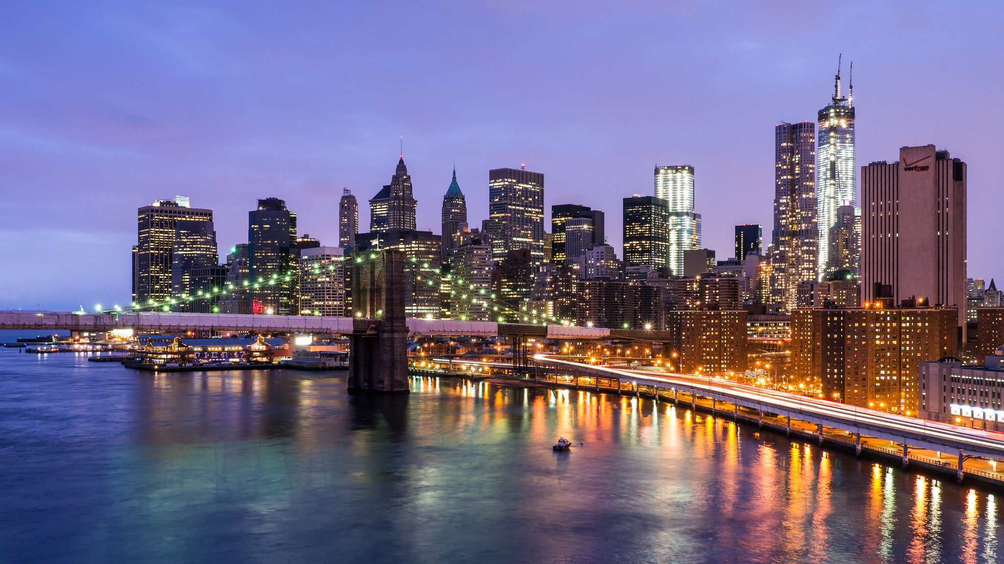 Ponte di Brooklyn, Lower Manhattan, One World Trade Center, East River, sfondo widescreen Full HD